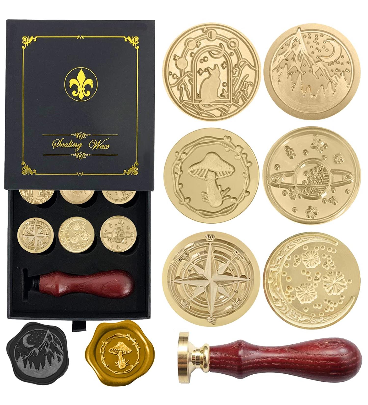 Wax Seal Stamp Gift Box Set - 6 Pcs Sealing Wax Stamps with Wooden Hilt - Vast Universe Series - Ideal for Cards, Envelopes, and Gift Packaging - Buy Online on GoSupps.com