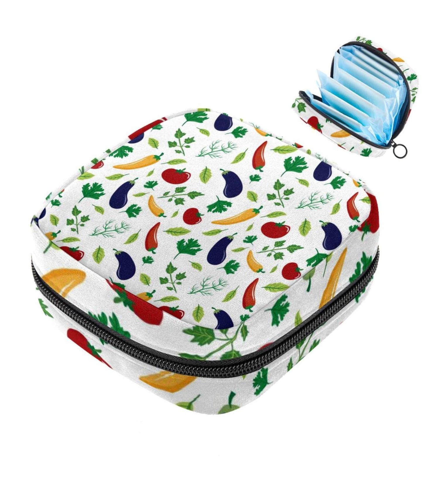 Buy Stylish Menstruation Pad Bag with Zipper - Women's Napkin & Tampon Collection Bags (Vegetable Design: Aubergine Tomatoes Hot Pepper Leaves) - Buy Online on GoSupps.com