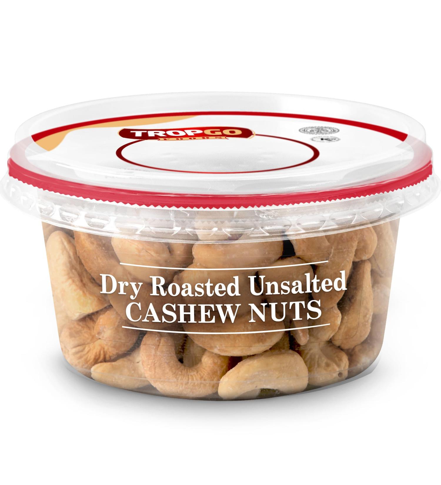 Tropgo Roasted Unsalted Cashews 180g Tub - Cashew Nuts in Resealable and Recyclable Tub - Wholesome Trail Mix with Fibre Protein and Essential Minerals - Healthy Snacks for All Ages - Buy Online on GoSupps.com