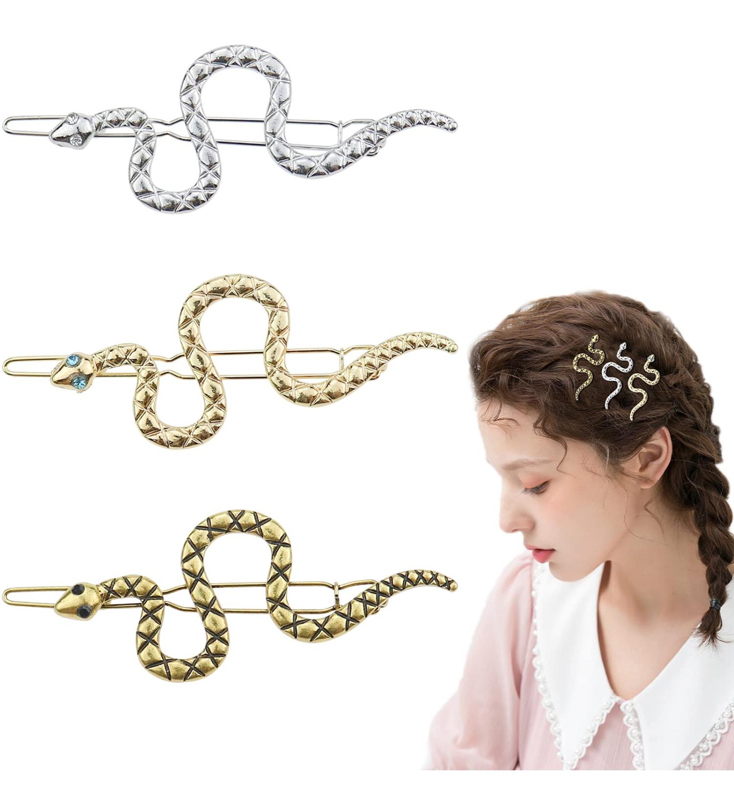 3-Piece Vintage Snake Hair Clips - Gold Metal Hair Pins for Women & Girls | Punk Hair Styling Accessories - Buy Online on GoSupps.com