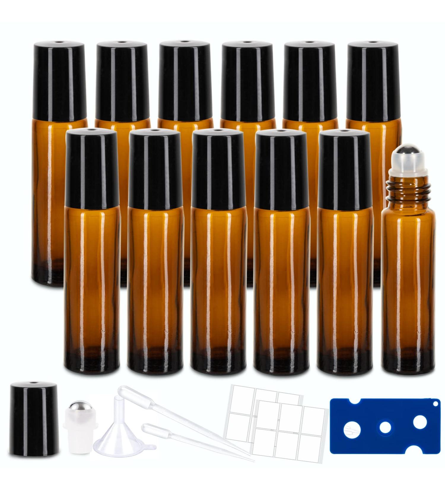 12 Pack 10ml Amber Glass Essential Oil Roller Bottles with Stainless Steel Roller Balls and Accessories | Labels, Openers, Funnels, Droppers Included - Buy Online on GoSupps.com