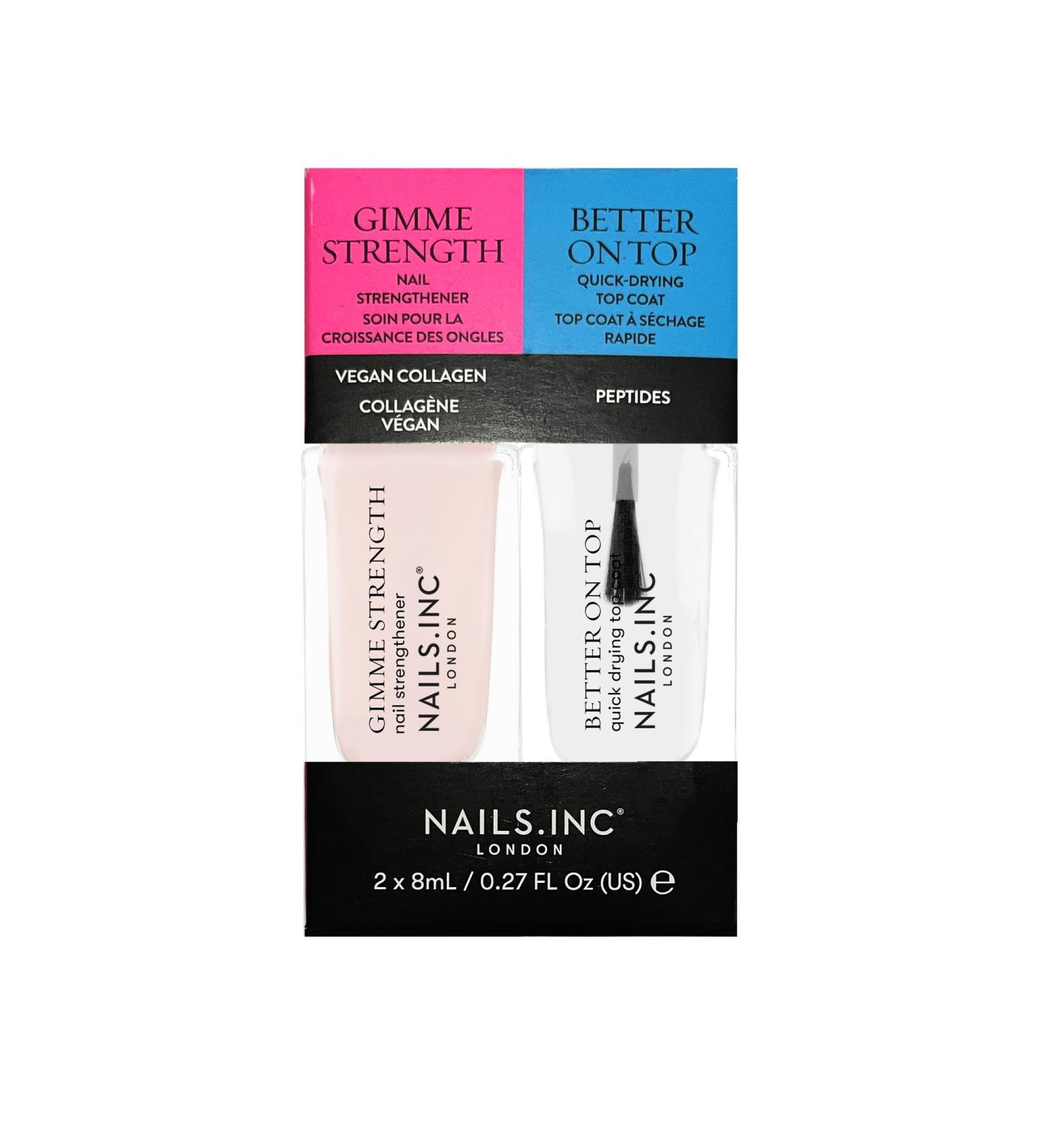 Nails.INC Mini Nail Treatment Duo Includes Gimme Strength Nail Strengthener and Better On Top Quick Drying Top Coat With Active Skincare Ingredients to Promote Nail Health Cruelty Free Vegan - Buy Online on GoSupps.com