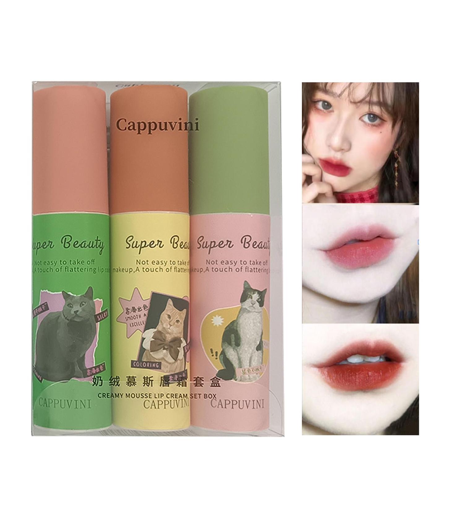 3Pcs Matte Lip Gloss Set - Waterproof Long Lasting Velvet Lipstick in Cute Cat Package | High Pigmented Non-Stick Lip Stain Makeup - Buy Online on GoSupps.com