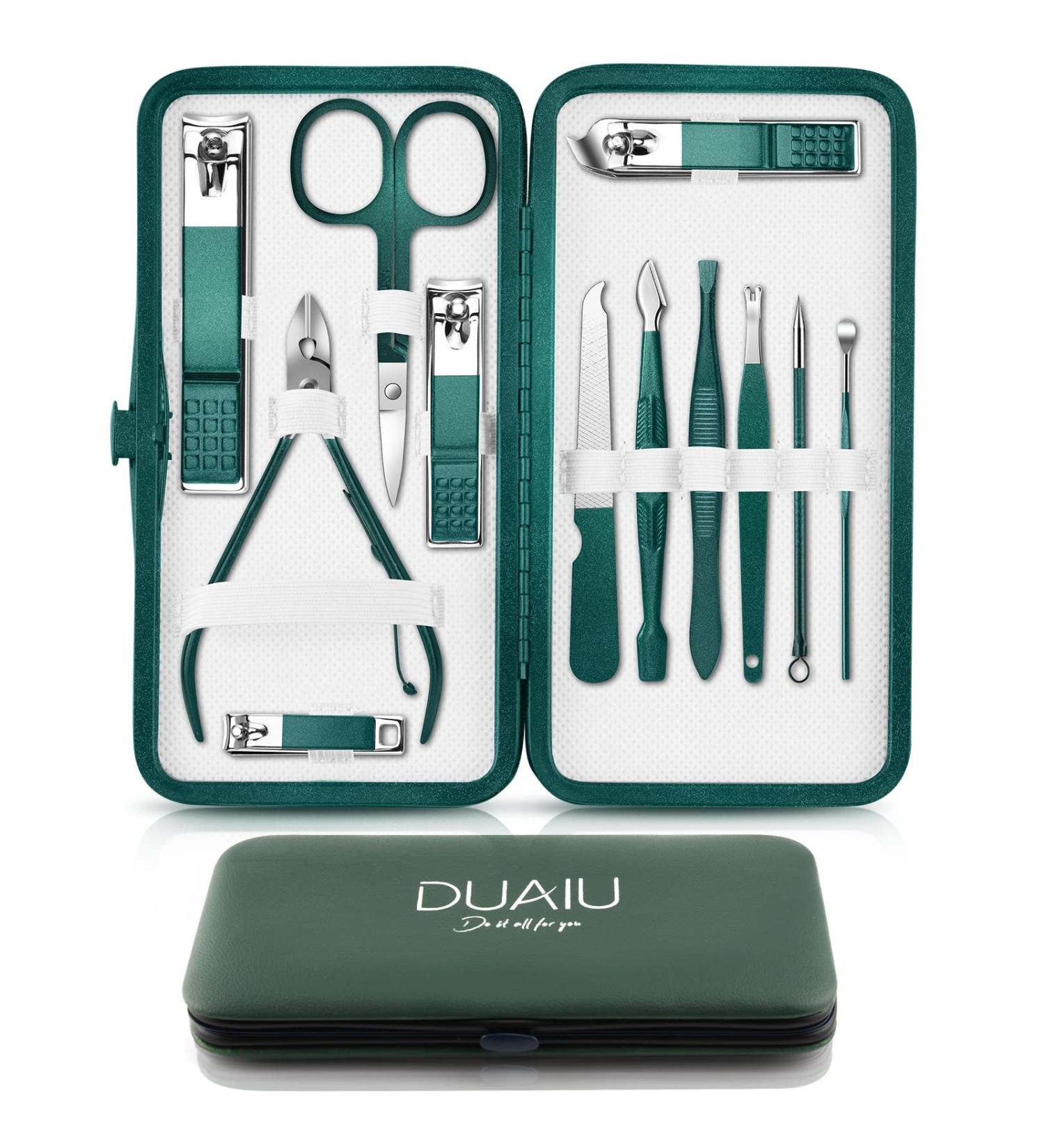 Nail Clippers Manicure Set DUAIU 12PCs Professional Nail Clipper Set Stainless Steel Pedicure Kit for Men Women Nail Care Tools Grooming Kit with Travel Case (Green) - Buy Online on GoSupps.com