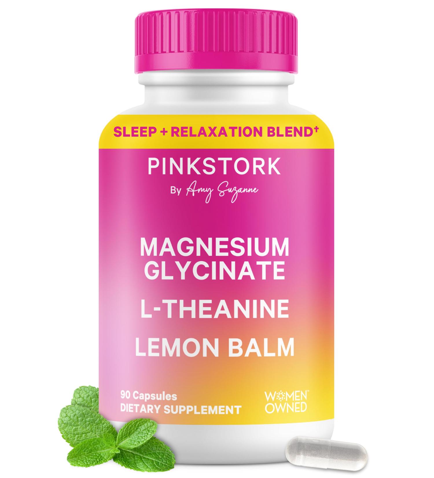 Pink Stork Magnesium Glycinate L-Theanine Lemon Balm - Melatonin-Free Magnesium for Sleep Support - Natural Calm and Relaxation - 90 Capsules - Buy Online on GoSupps.com