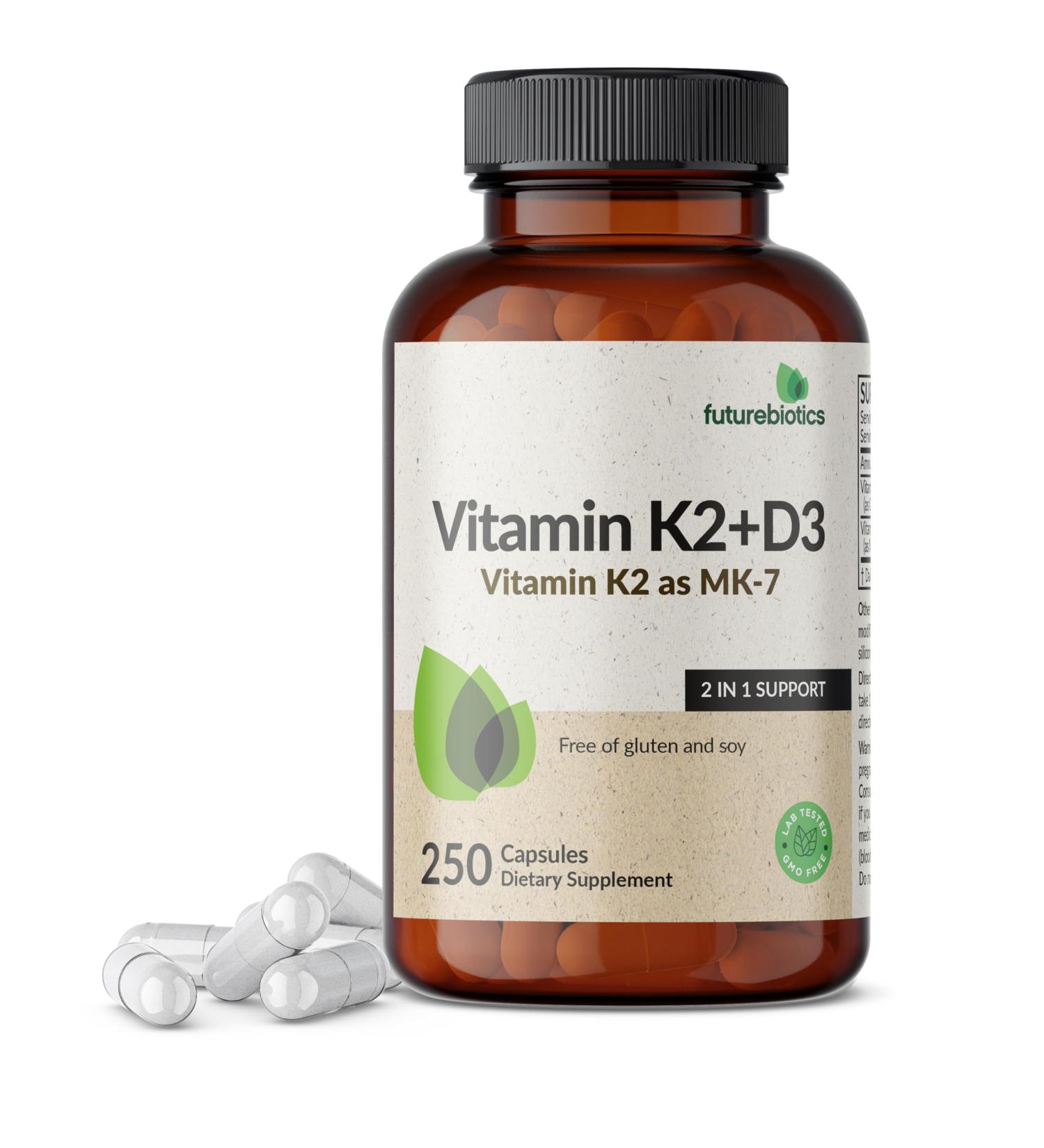 Futurebiotics Vitamin K2 (MK7) with D3 Supplement - Non-GMO Formula - 5000 IU Vitamin D3 & 90 mcg Vitamin K2 MK-7 250 Vegetarian Capsules 250 Count (Pack of 1) - Buy Online on GoSupps.com