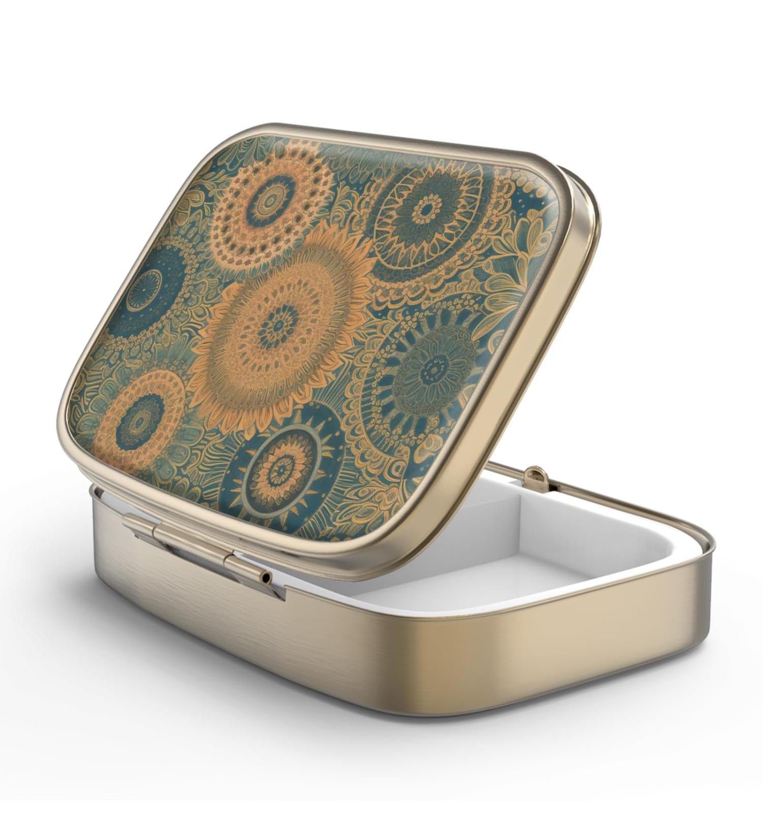 Retro Mandala Pill Box with Mirror - Small Bronze 2 Compartment Container for Vitamins & Supplements - Buy Online on GoSupps.com