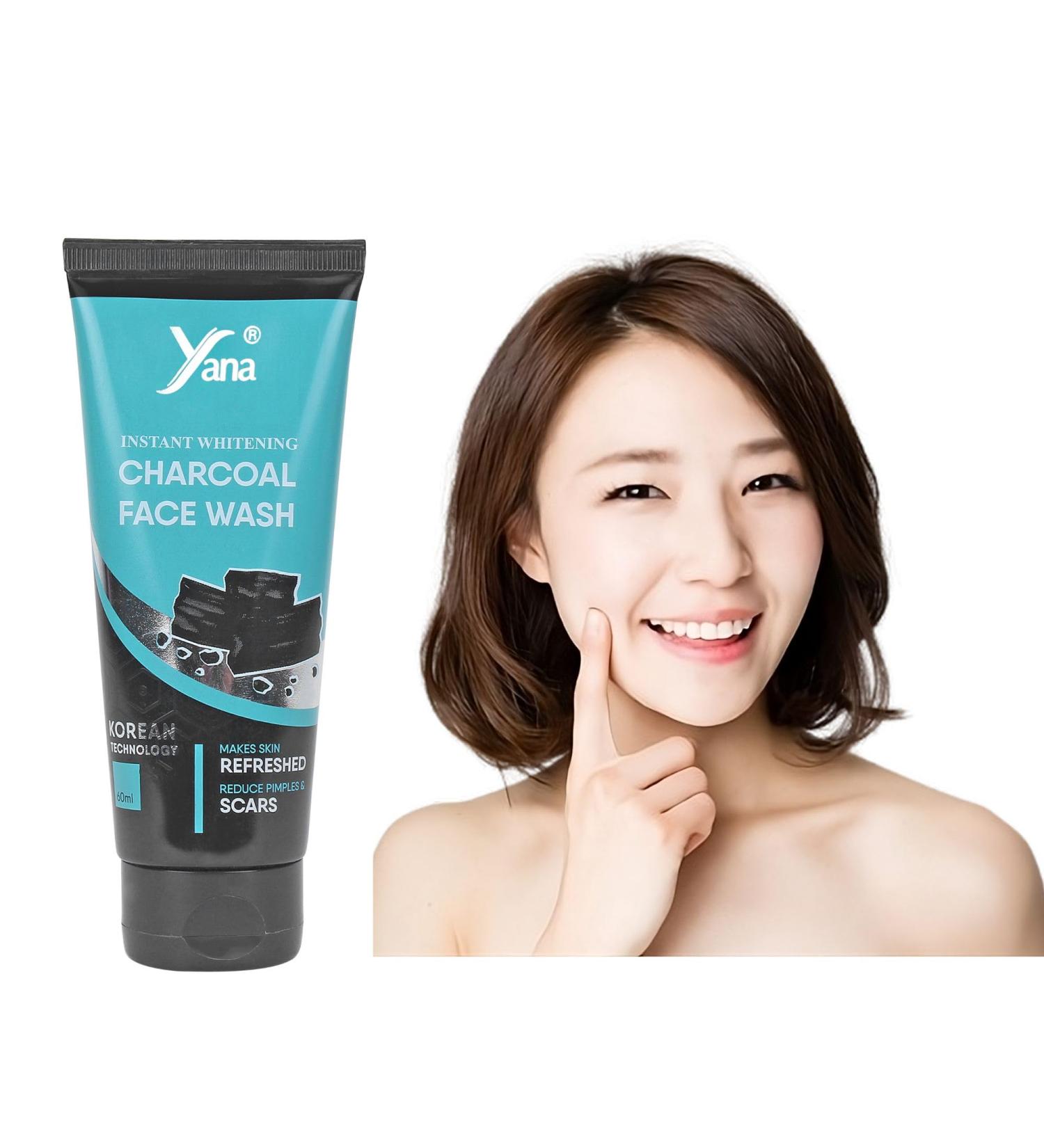 Yana Instant Whitening Activated Charcoal Face Wash & Cleanser for Men & Women Organic Formula for Deeply Unclogging Pores & Detoxifying Skin with Pure Carbon Salicylic Acid & Glutathione 60ml - Buy Online on GoSupps.com