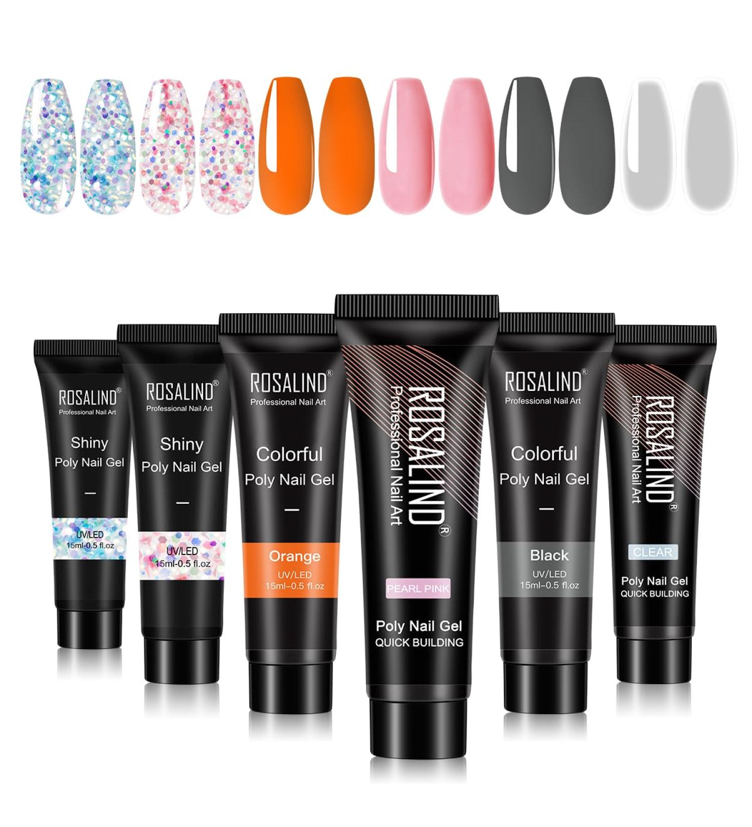 ROSALIND Orange Poly Nail Gel Kit 6 Colors 15ml Pink Clear Glitters Blue Orange and Black Nail Builder Gel Extension Tubes SetDIY Manicure at Home (Bright Multicolors) - Buy Online on GoSupps.com