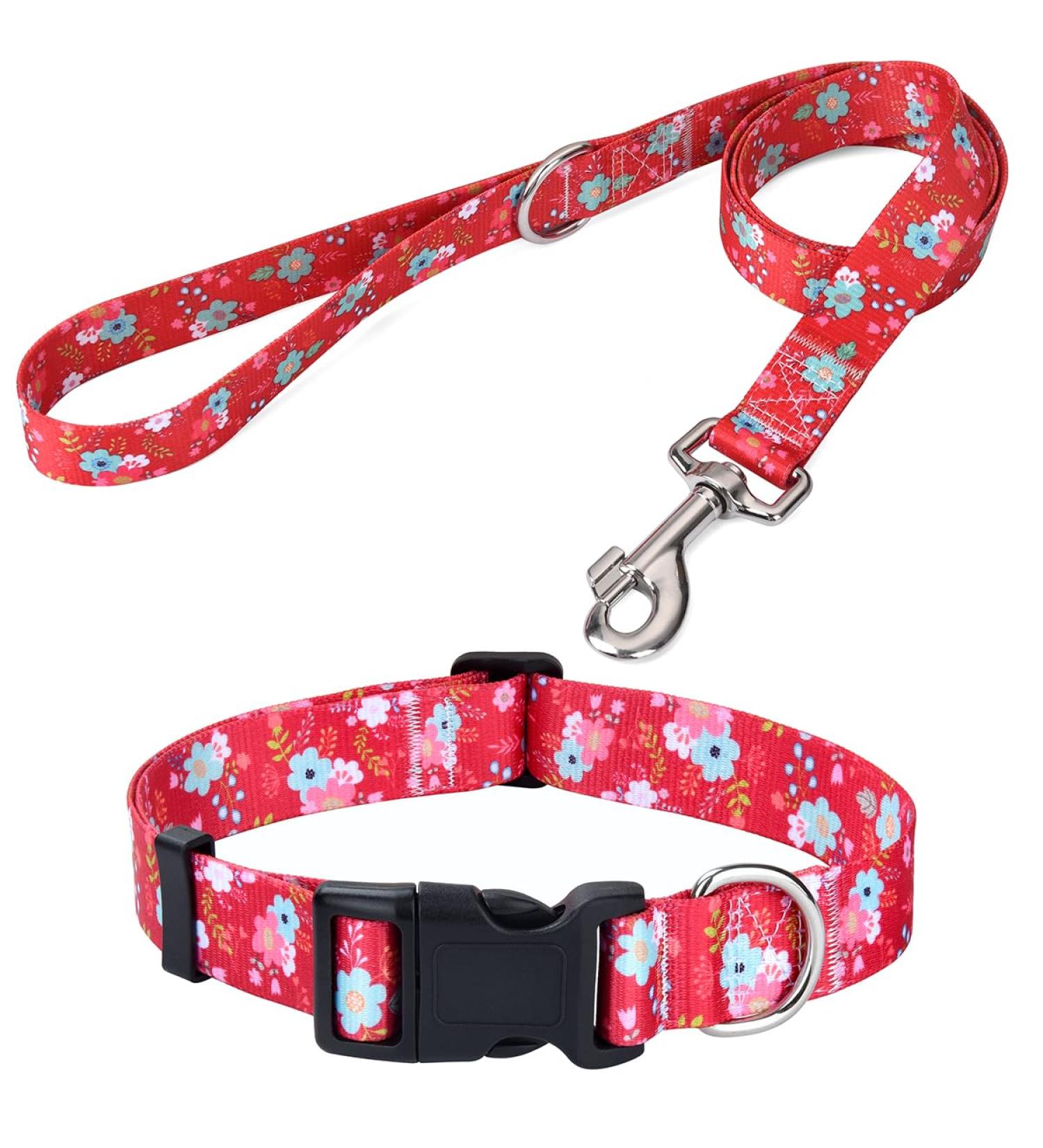 Mihqy Adjustable Dog Collar & Leash Set - Soft Nylon for Small & Medium Dogs & Cats | XS Red Flower Design (20-30 cm Neck) - Buy Online on GoSupps.com