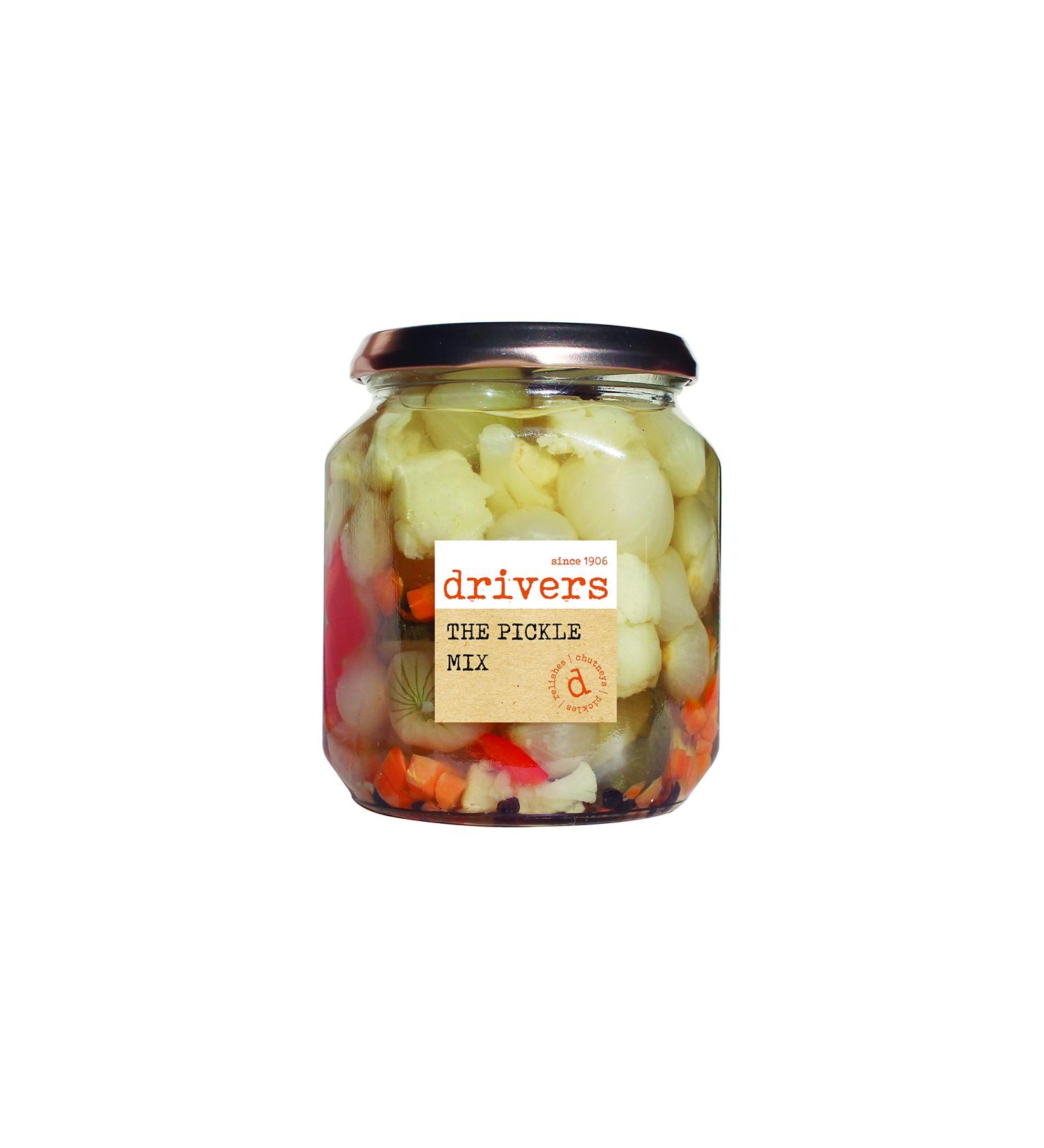 Drivers The Pickle Mix - Silverskin Onions - Gherkins - Cauliflower - Red Pepper - Carrots Traditional Driver's Recipe Picklers Since 1906 Gluten-Free Suitable for Vegetarians and Vegans - 550 g Jar - Buy Online on GoSupps.com