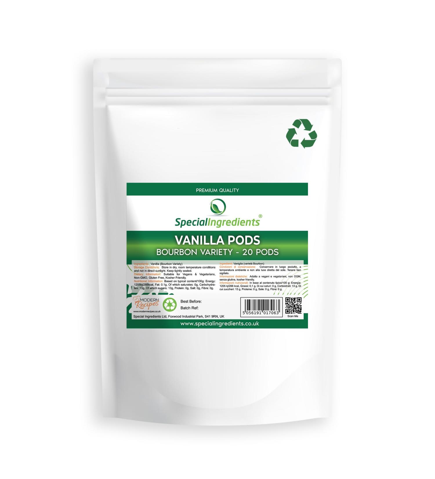 Special Ingredients Vanilla Bean Pods x20 Grade A Bourbon Variety Premium Quality Extra Large 16cm Plus Vegan Non GMO - Recyclable Pouch