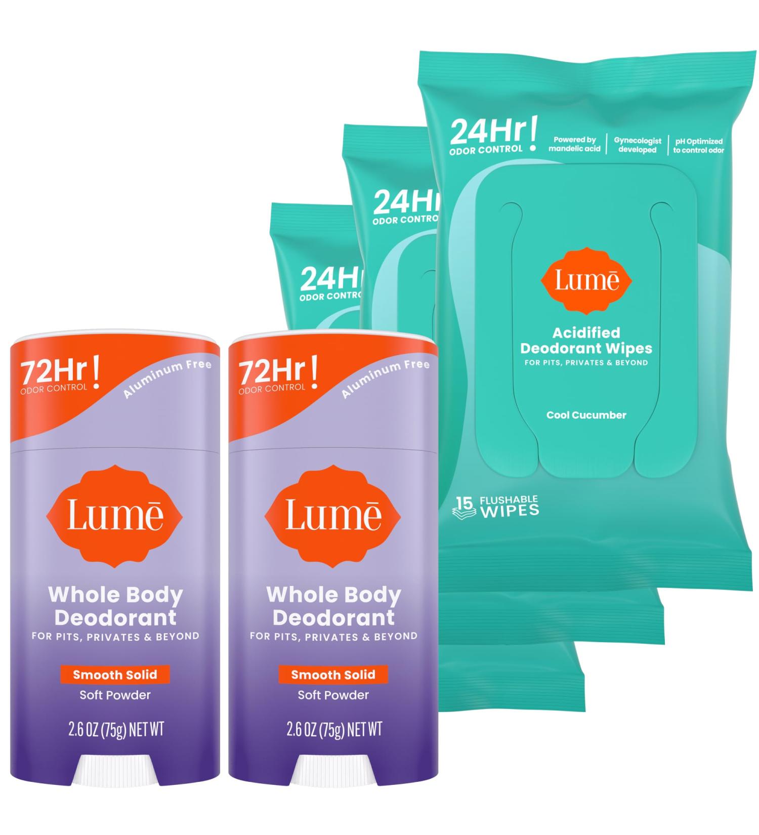 Lume Whole Body Deodorant - 2-Pack Smooth Solid Stick (Soft Powder) and Acidified Deodorant Wipes (Cool Cucumber) - Aluminum Free Baking Soda Free and Skin Safe - Buy Online on GoSupps.com