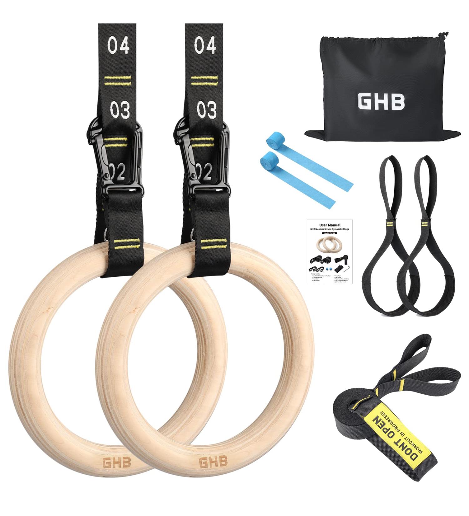 GHB Wooden Gymnastic Rings 1.25'' with Adjustable Numbered Straps for Bodyweight Fitness Training - 32mm Rings Set - Buy Online on GoSupps.com
