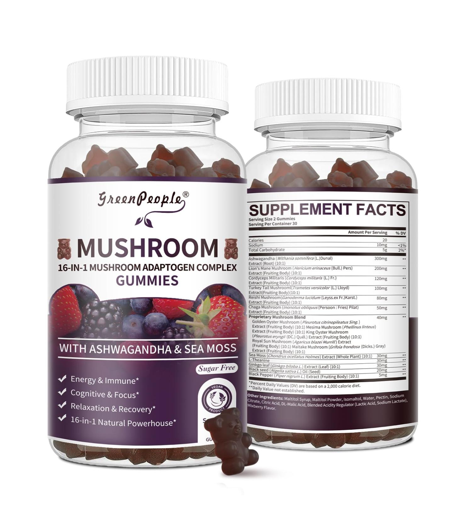 GREENPEOPLE Mushroom Gummies - 10x Mushroom Supplement Complex w/Ashwagandha Lions Mane Cordyceps Chaga - Support Immune Energy Cognitive & Focus - MixBerry Flavor Vegan Sugar-Free 60 CT 2 Pack Mixberry 60 Count (Pack  - Buy Online on GoSupps.com