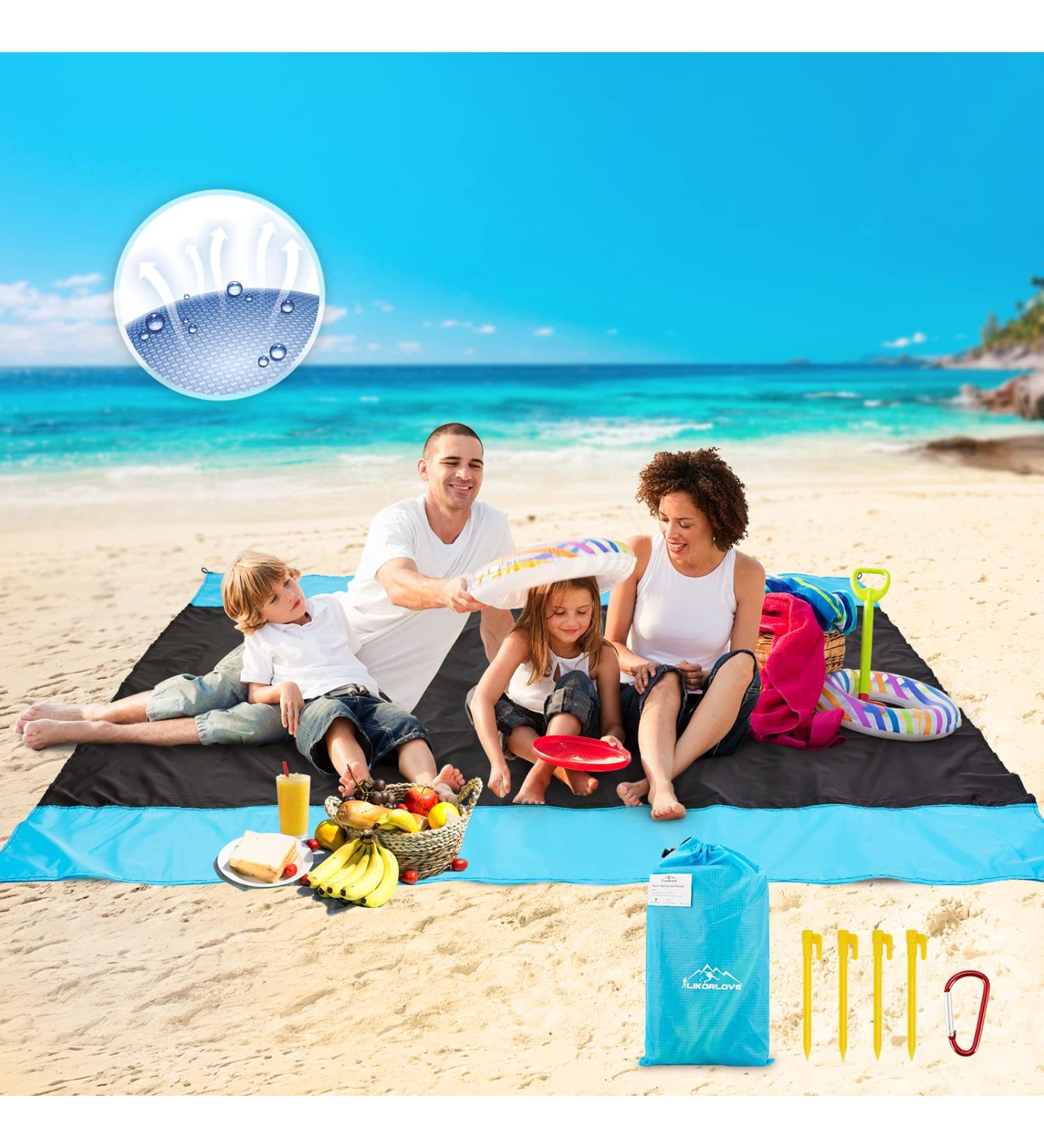 Likorlove Beach Blanket - Waterproof, Sandproof, Oversized Picnic Mat for 5-7 Adults - Lightweight, Portable, Quick Dry - Ideal for Travel, Camping, Hiking - Compact Bag, Stakes & Pockets Included - Black & Blue - Buy Online on GoSupps.com