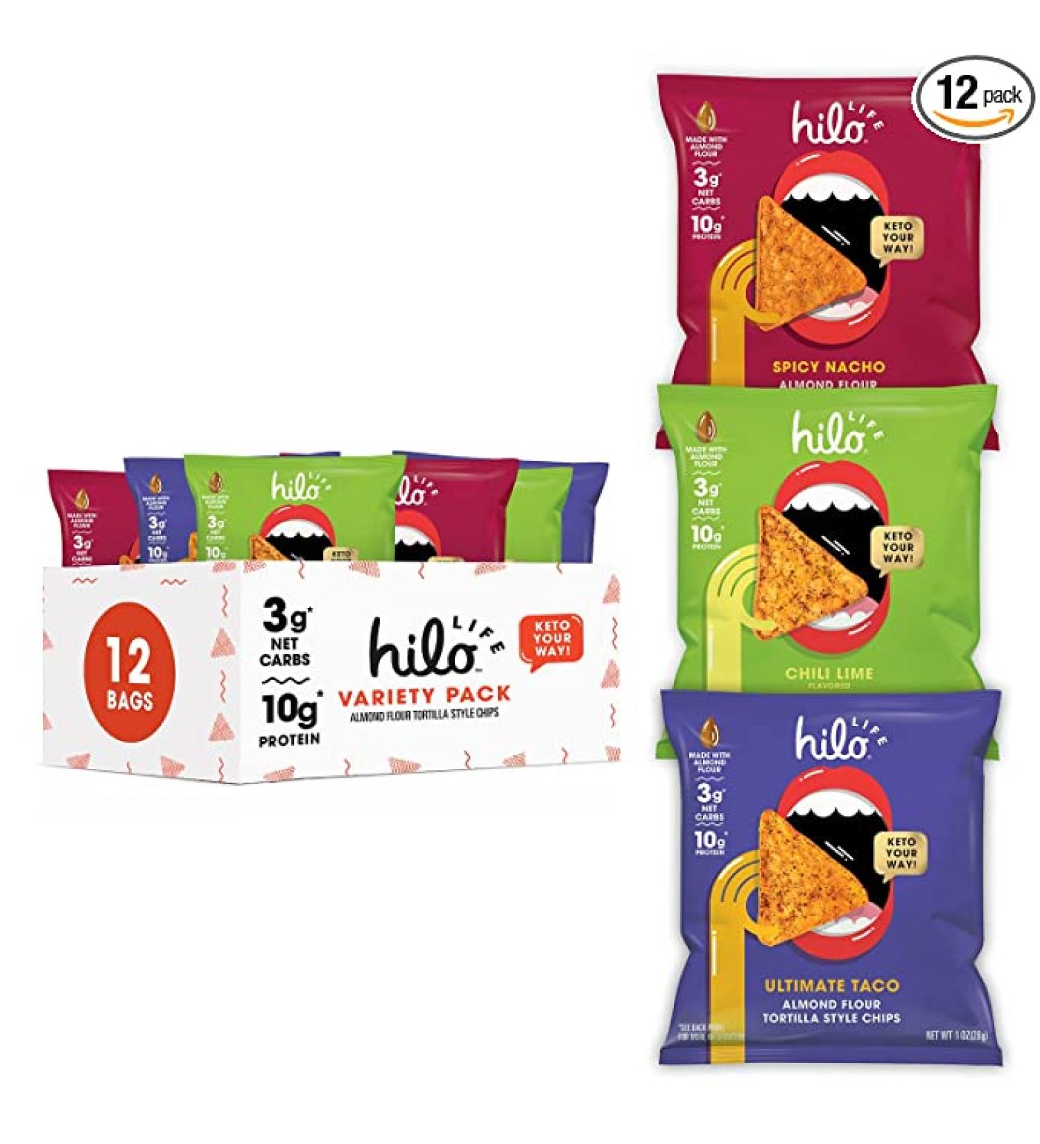 Hilo Life Low Carb Keto Tortilla Chips - Bold Variety Pack (12 Count) | Healthy Snack - Buy Online on GoSupps.com