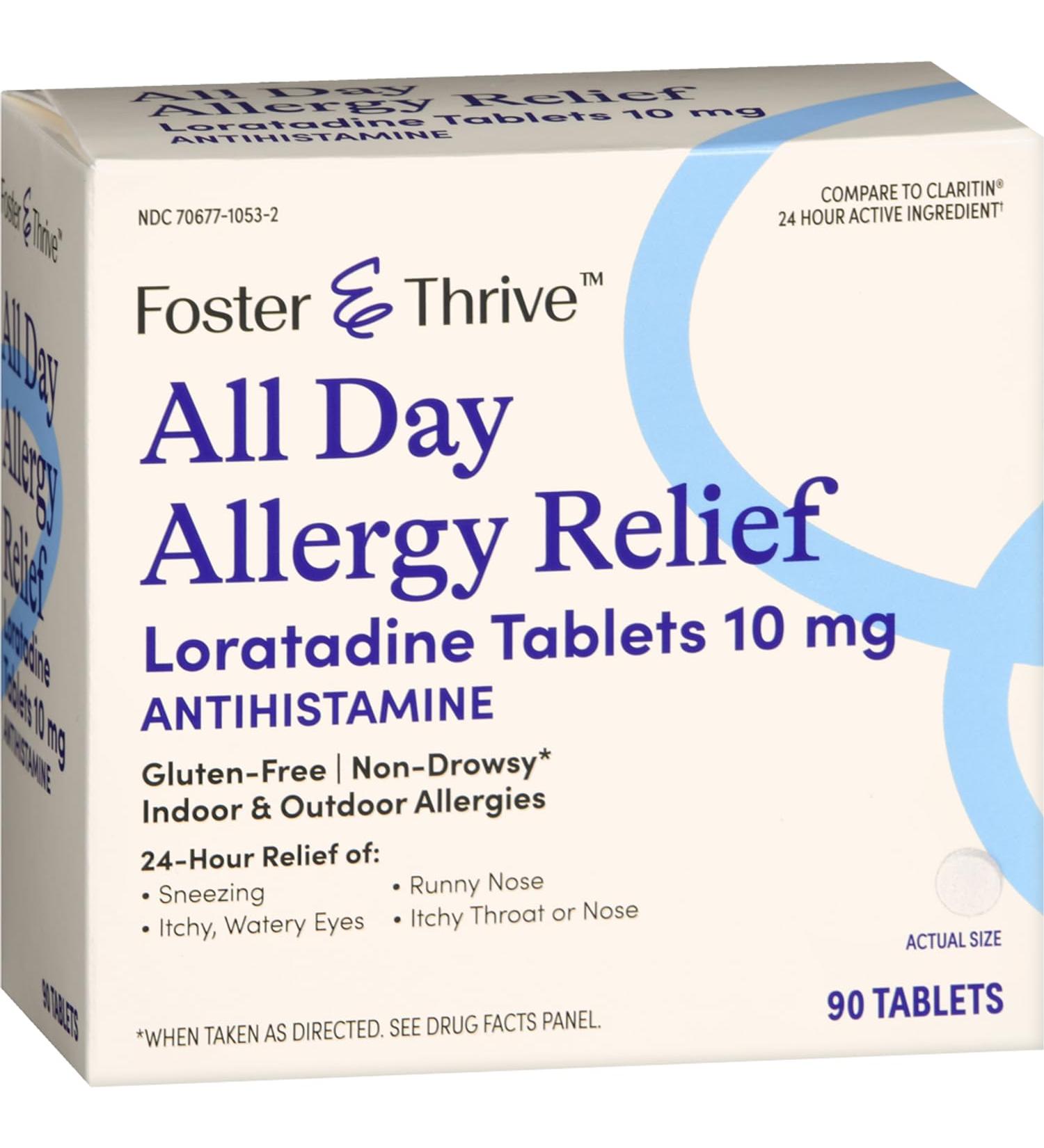 Foster & Thrive All Day Allergy Relief 24 Hour Rellief of Indoor & Outdoor Allergies Loratadine 10mg Tablets Non-Drowsy Antihistamine Indoor and Outdoor Counteract Allergy 90 Tablets