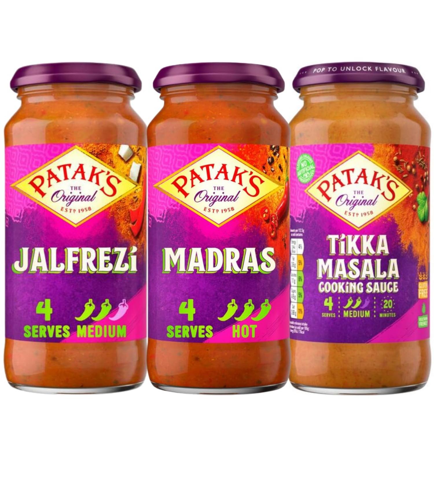 Patak's Jalfrezi Curry Sauce Jar 450g with Madras Curry Sauce Jar 450g & Tikka Masala Curry Sauce Jar 450g (3 Pack Mixed Bundle) - Buy Online on GoSupps.com
