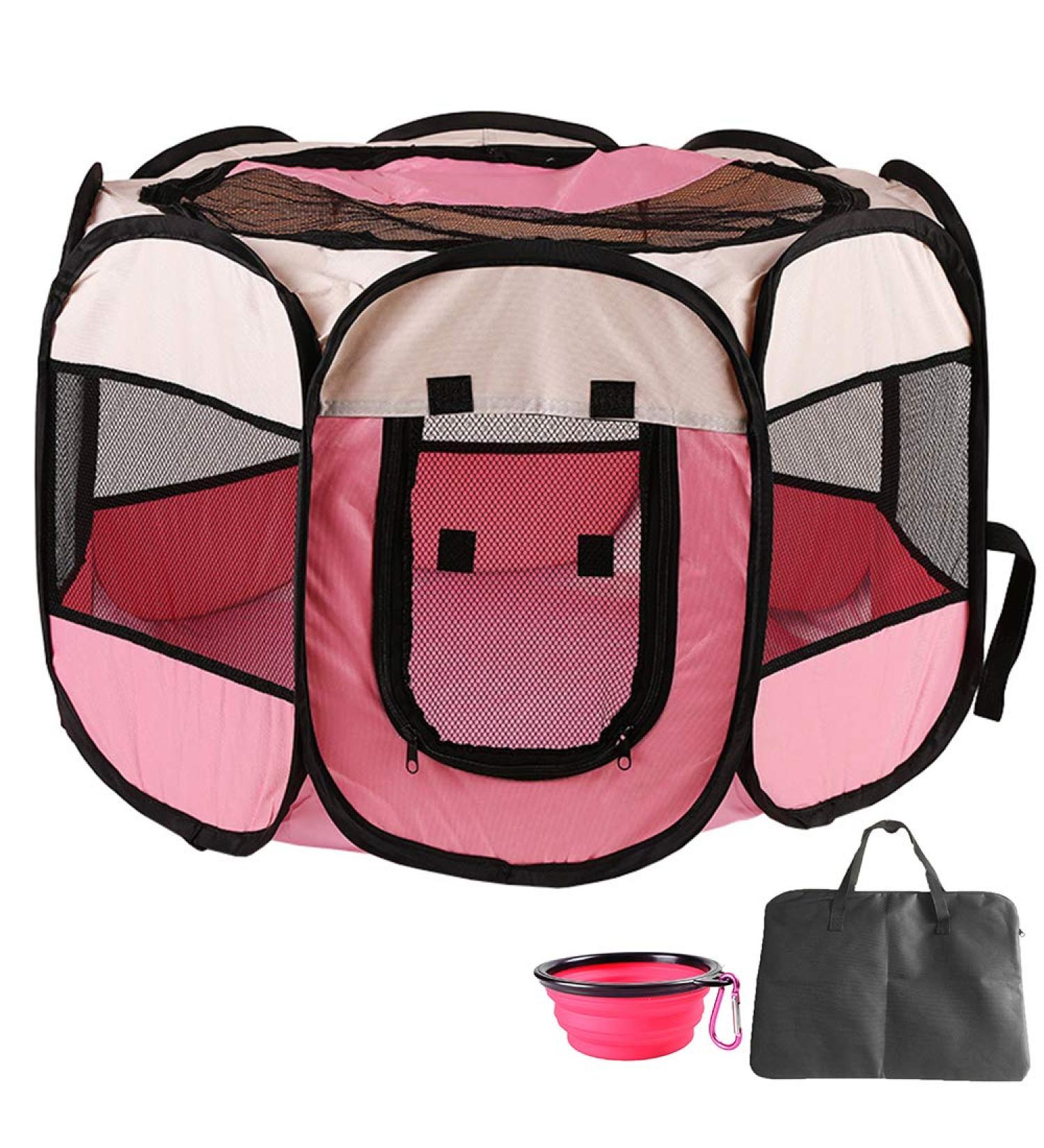 Enkarl Portable Foldable Pet Playpen with Carrying Bag, Travel Bowl, and Mesh Shade Cover - Large Pink Exercise Pen for Dogs/Cats/Rabbits - Indoor/Outdoor Water-Resistant - Buy Online on GoSupps.com