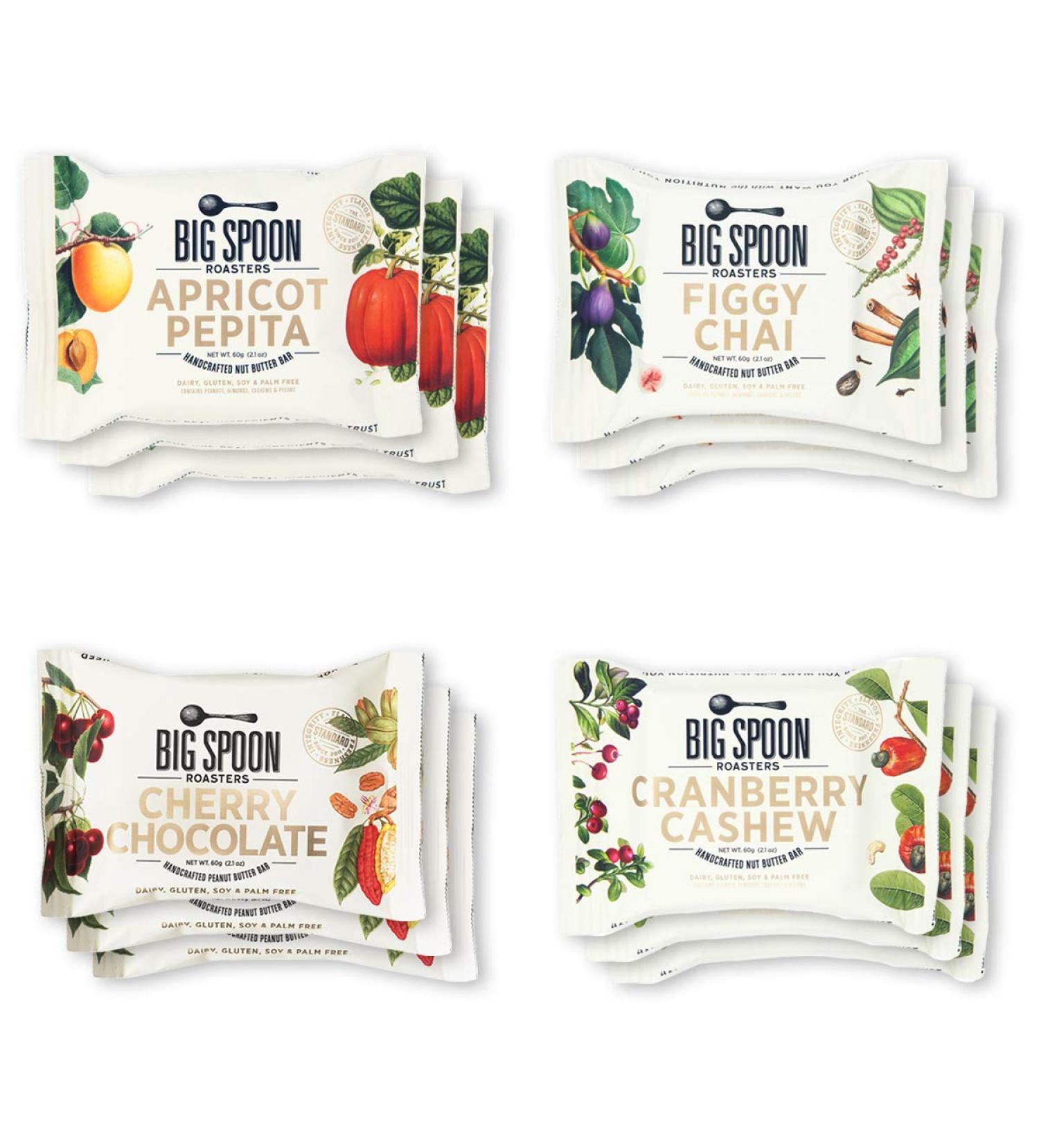 Big Spoon Roasters Peanut Butter Bars Variety Pack - High Protein Bars with Non-GMO Pea Protein - 12-Count - Cherry Chocolate, Apricot Pepita, Cranberry Cashew & Figgy Chai - 3 of Each Flavor - Buy Online on GoSupps.com
