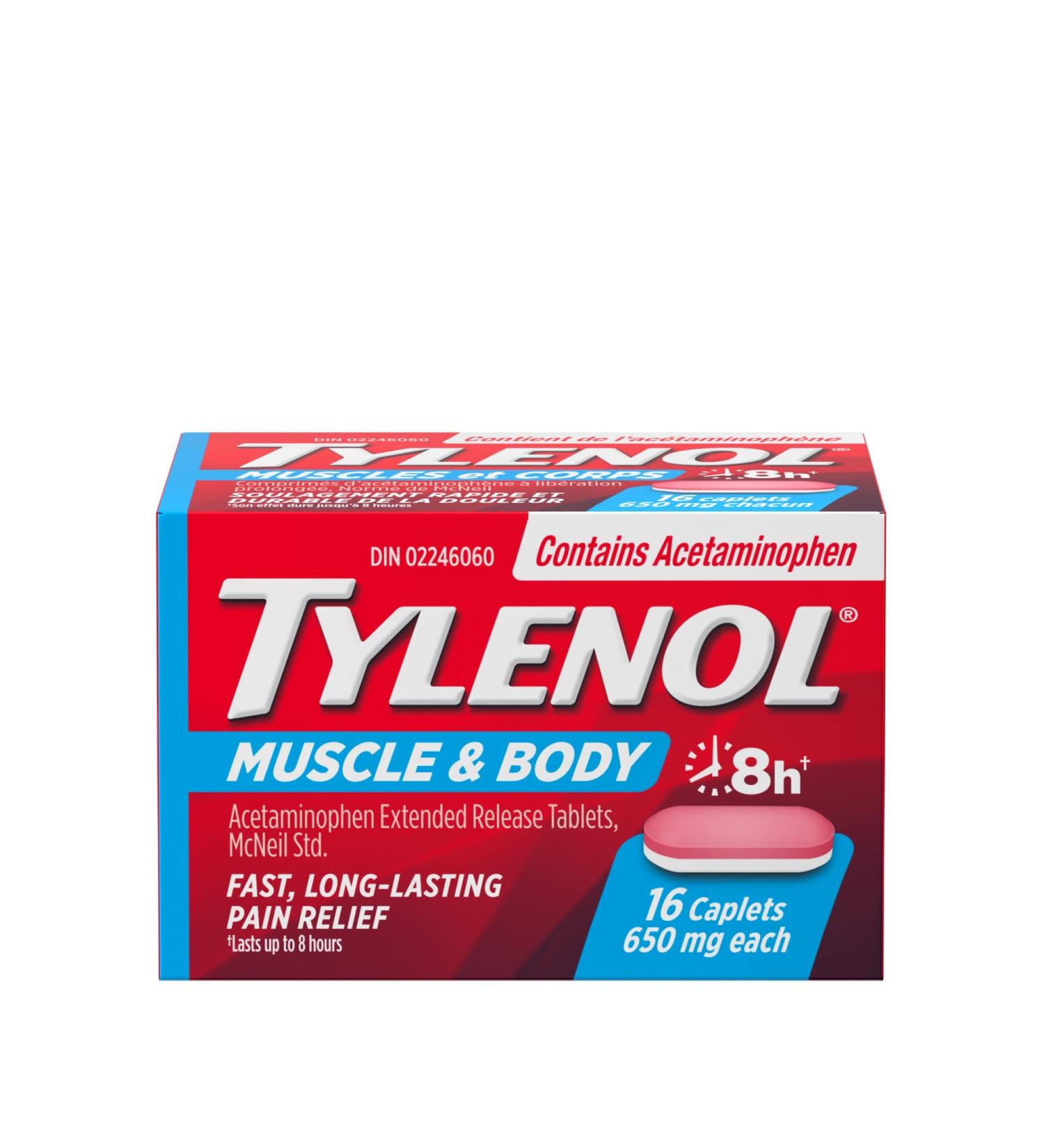 Tylenol Muscle Aches and Body Pain Acetaminophen 650 mg Joint Pain Muscle Ache Relief Fast and Long Lasting 16 Caplets - Buy Online on GoSupps.com
