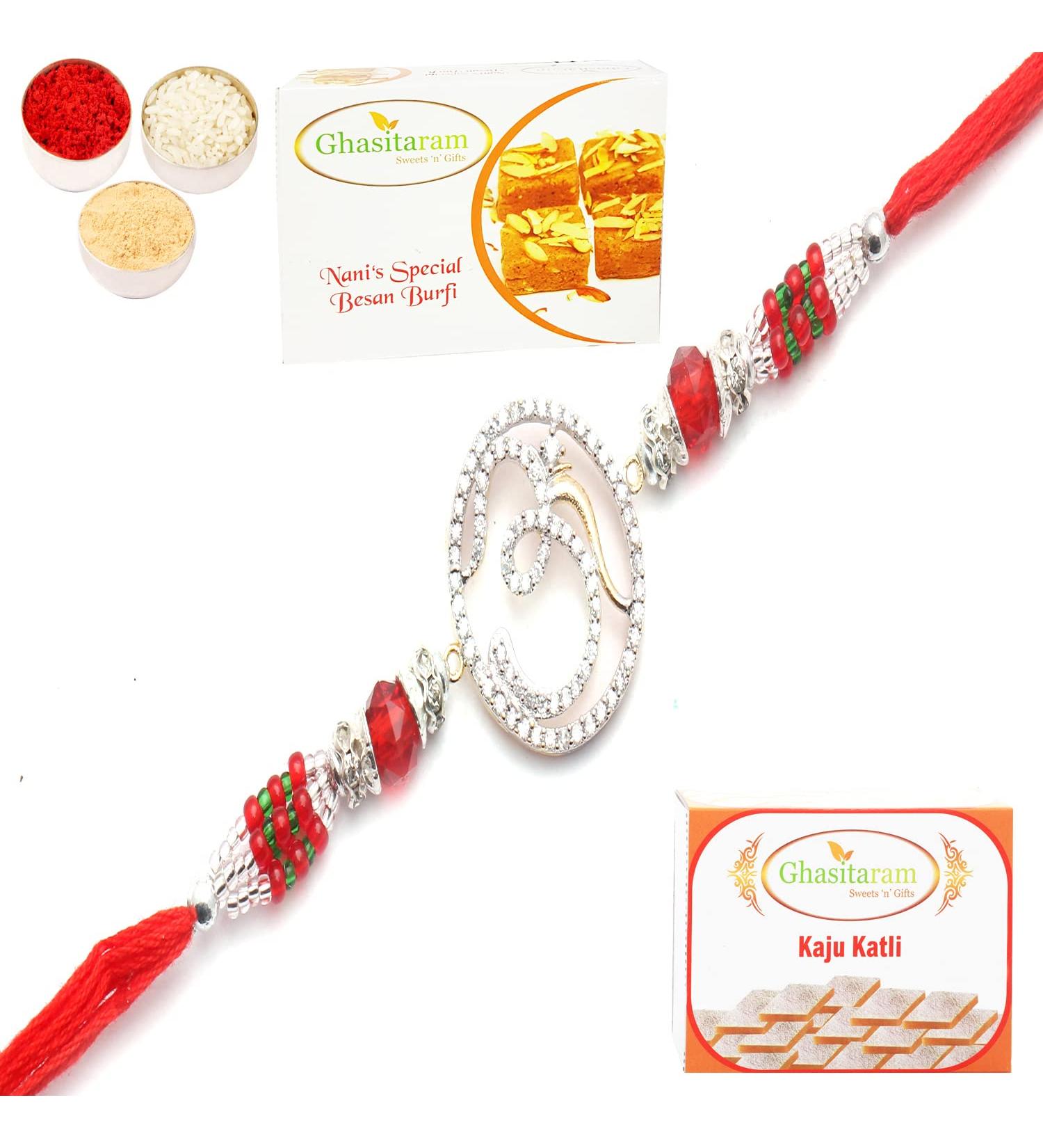 Ghasitaram Gifts Rakhi for Brother Rakhis Online - The Divine Grace of Om Diamond Rakhi with 200 GMS of Besan Barfi and 200 GMS of Kaju Katli Rakhi with 200 gms of Besan Barfi & Kaju Katli - Buy Online on GoSupps.com