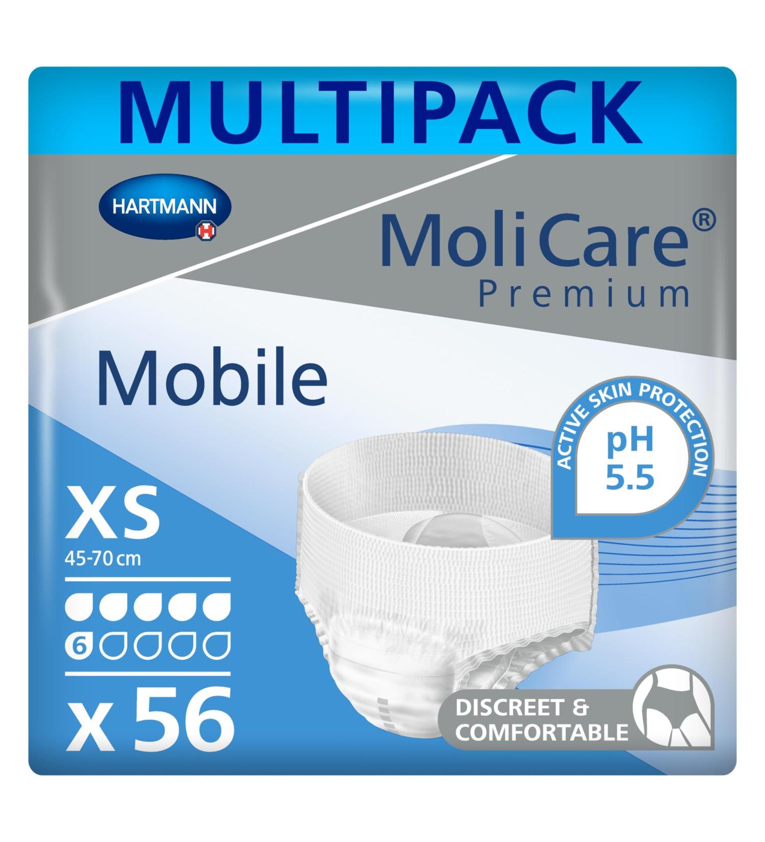 Molicare Premium Mobile Disposable Pants for Incontinence - Discreet Unisex Size XS (45-70 cm) - 56 Pieces - 6 Drops - Buy Online on GoSupps.com