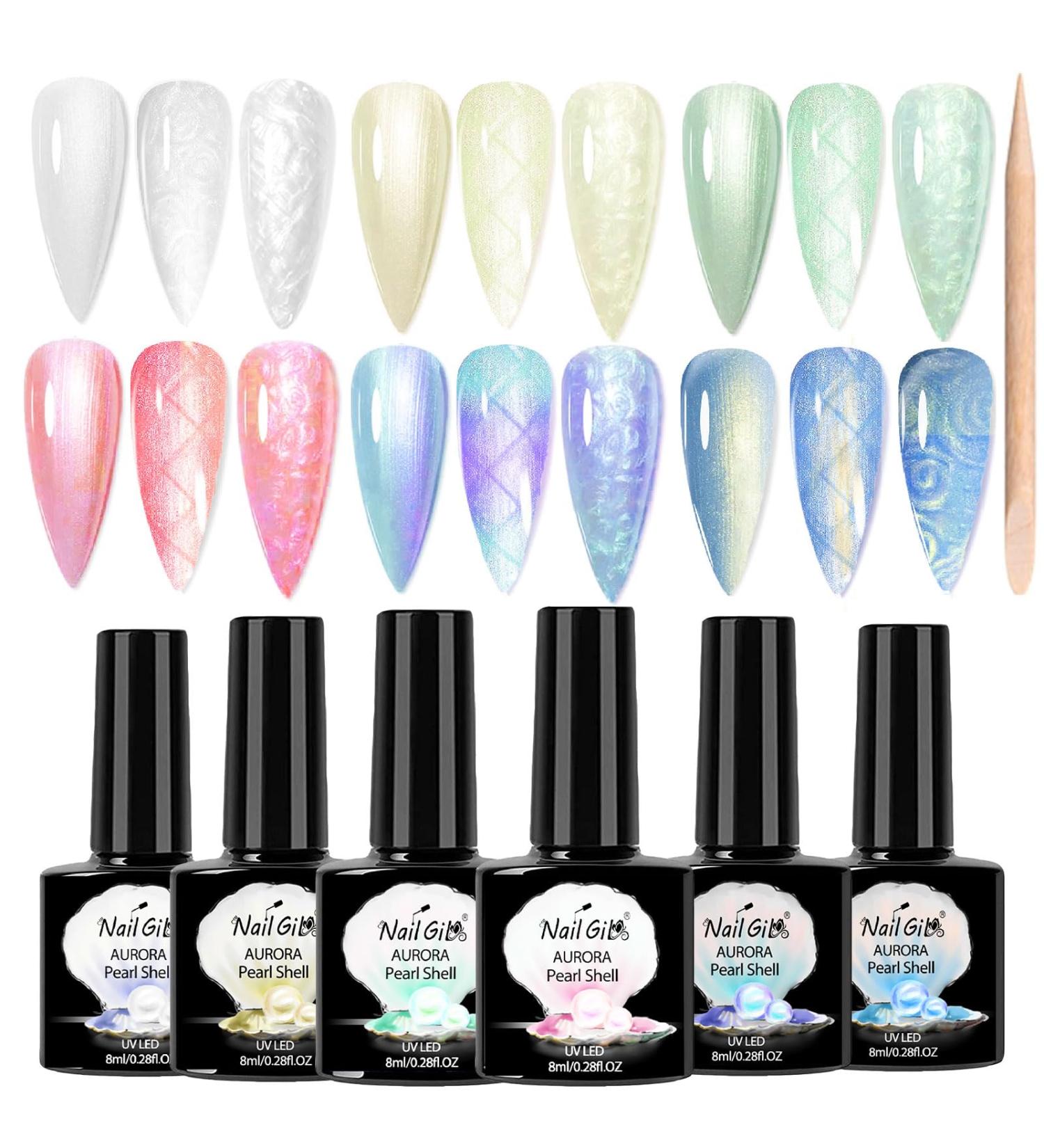NAILGIL Pearl Gel Nail Polish Set Mermaid Gel Polish White Pink Blue Green Yellow Aurora Shimmer Nail Drawing Soak Off Led Gel for Swirl Shell Thread Pearlescent Iridescent Effect Set Pearl Set - Buy Online on GoSupps.com