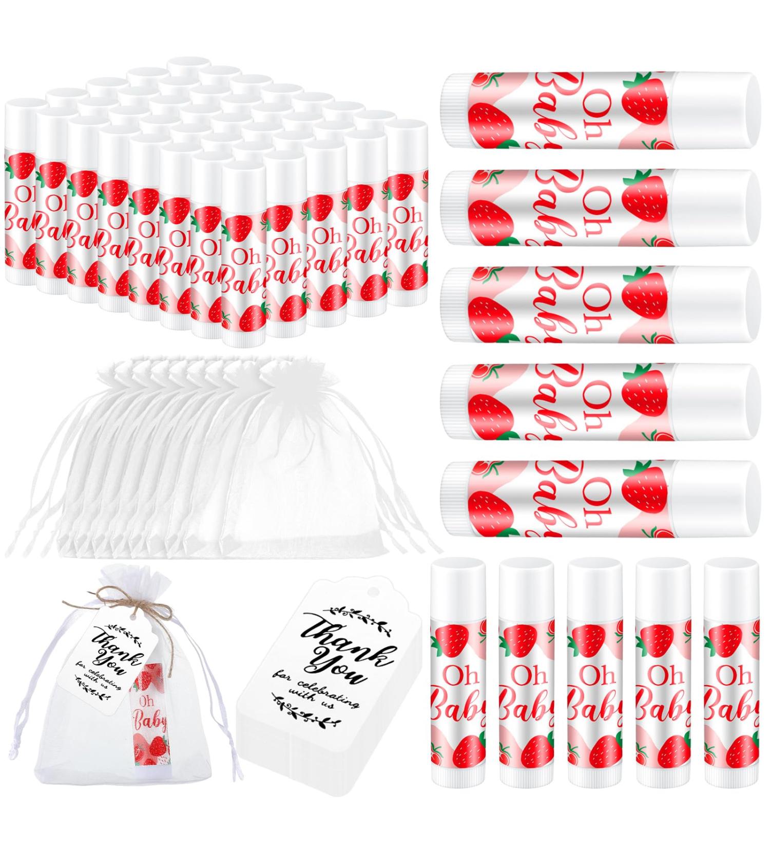 Dansib 50 Sets Baby Shower Favors Lip Balm with Organza Gift Bags strawberry Lip Balm Thank Card Tags for Gender Reveal Lipstick Baby Shower Basket Gift Stuffers Birthday Party Supplies - Buy Online on GoSupps.com