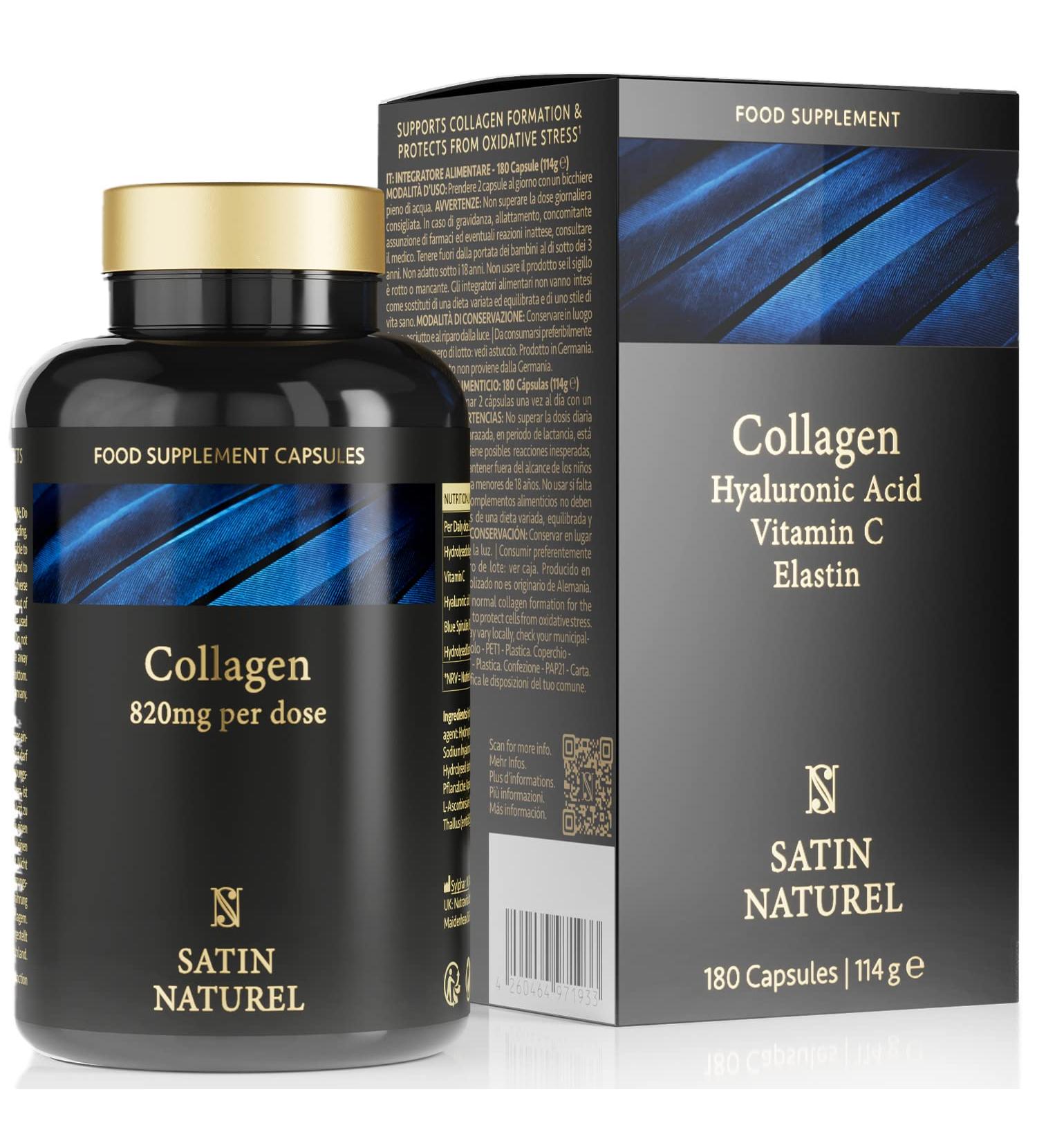 Buy Satin Naturel Collagen Complex with Hyaluronic Acid - 180 High-Dose Capsules | Vitamin C Elastin & Spirulina | No Additives | Made in Germany - Buy Online on GoSupps.com