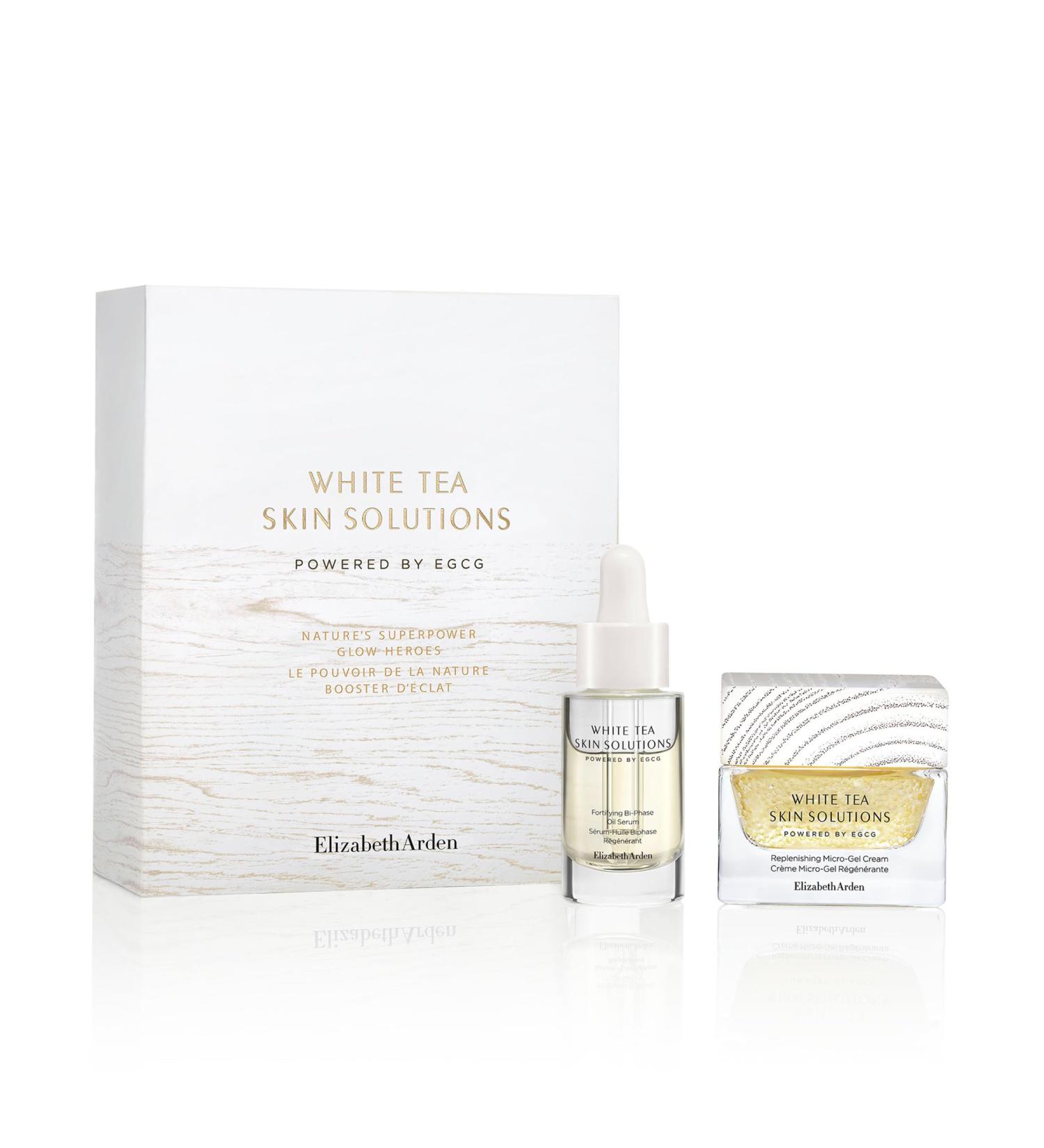 Elizabeth Arden White Tea Skin Solutions Nature's Superpower Glow Heroes 2-Piece Set with Fortifying Bi-Phase Oil Serum & Replenishing Micro-Gel Cream Hydrating & Brightening Vegan - Buy Online on GoSupps.com