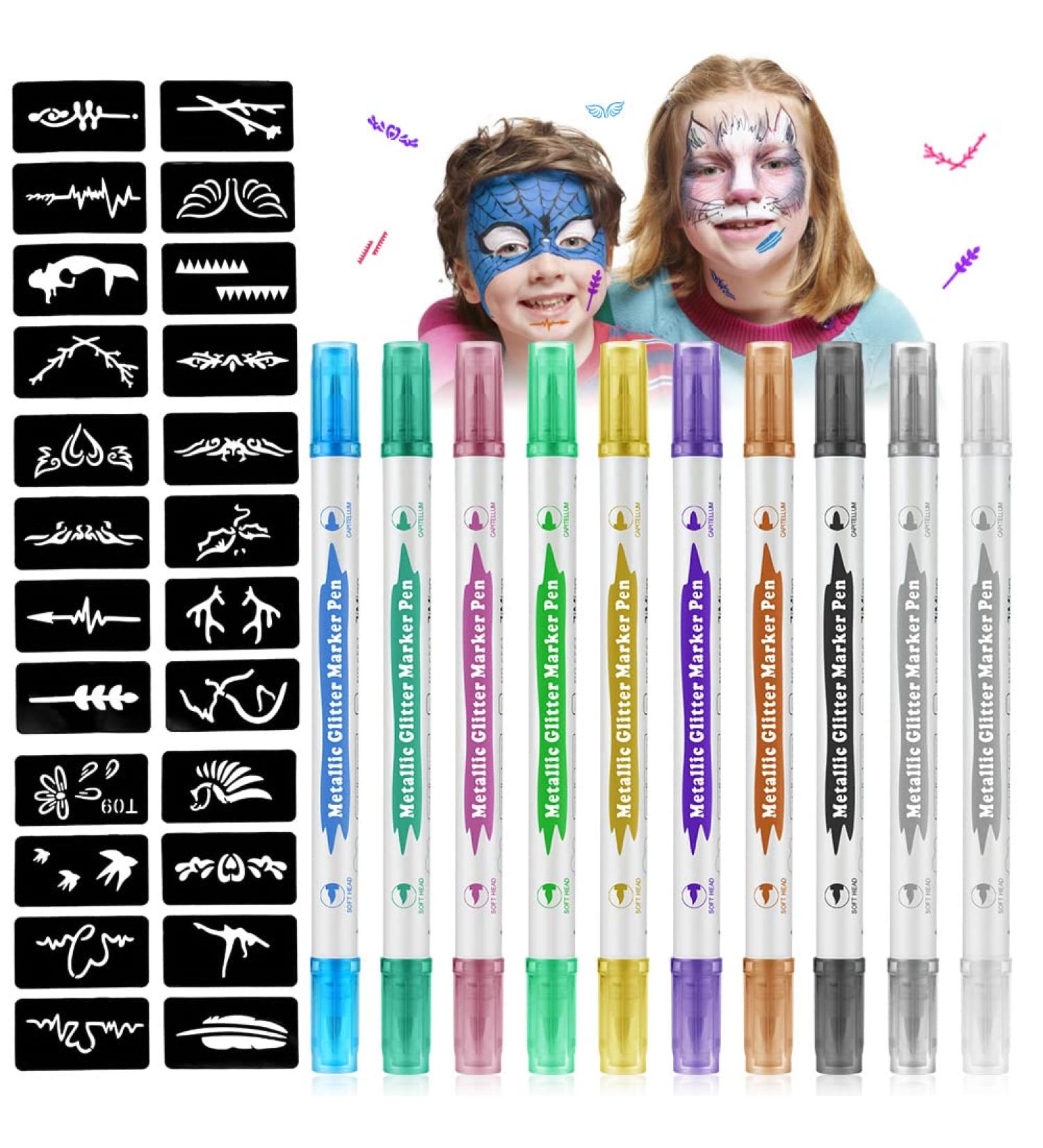 10Pcs AOMIG Temporary Tattoo Pen Kit with 24 Stencils - Shimmery Glitter Body Markers for Kids Party Dress Up - Buy Online on GoSupps.com