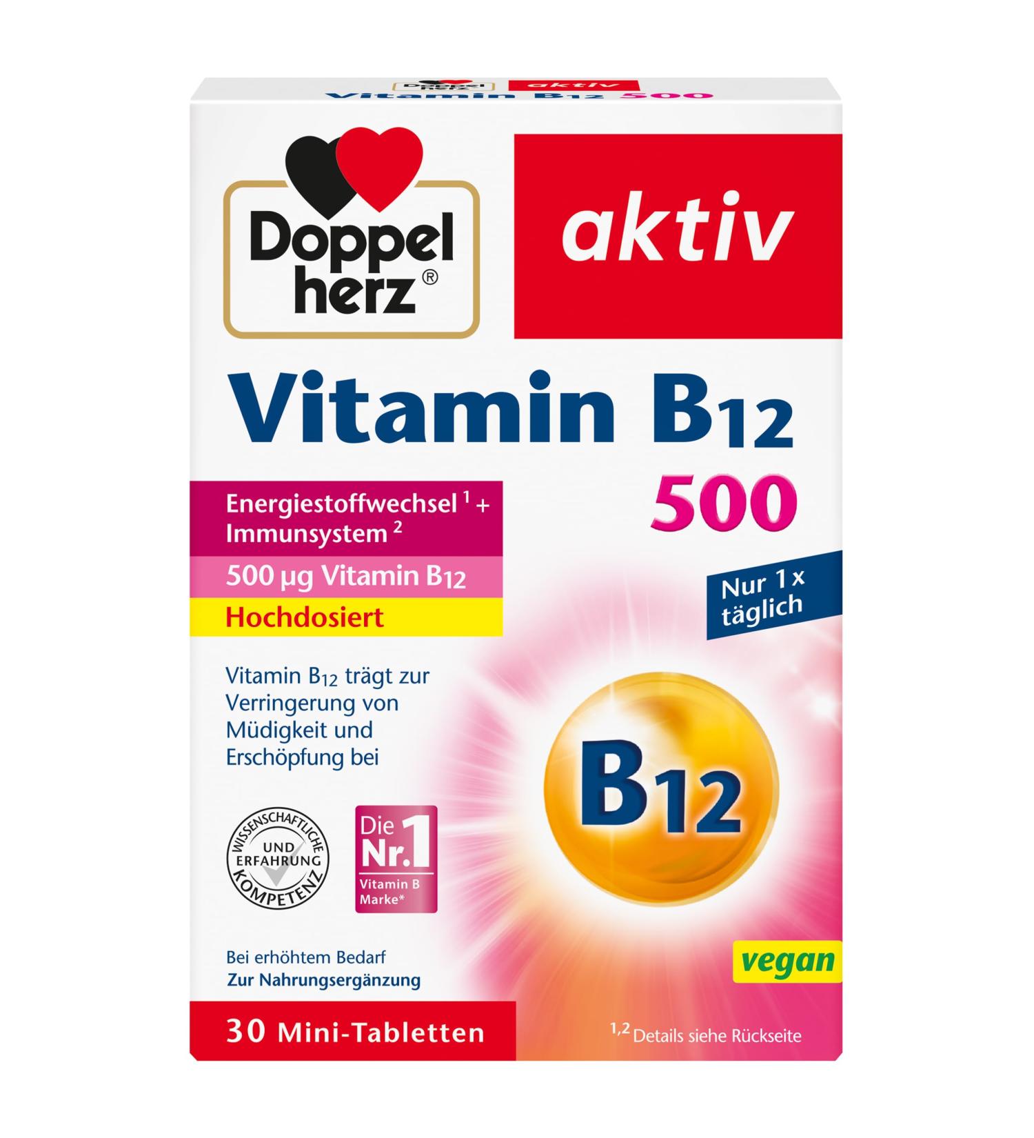 Doppelherz Vitamin B12 500 - High Dose Vegan Tablets | 500 g per Tablet | 30 Mini Tablets - International Shipping Available - Buy Online on GoSupps.com