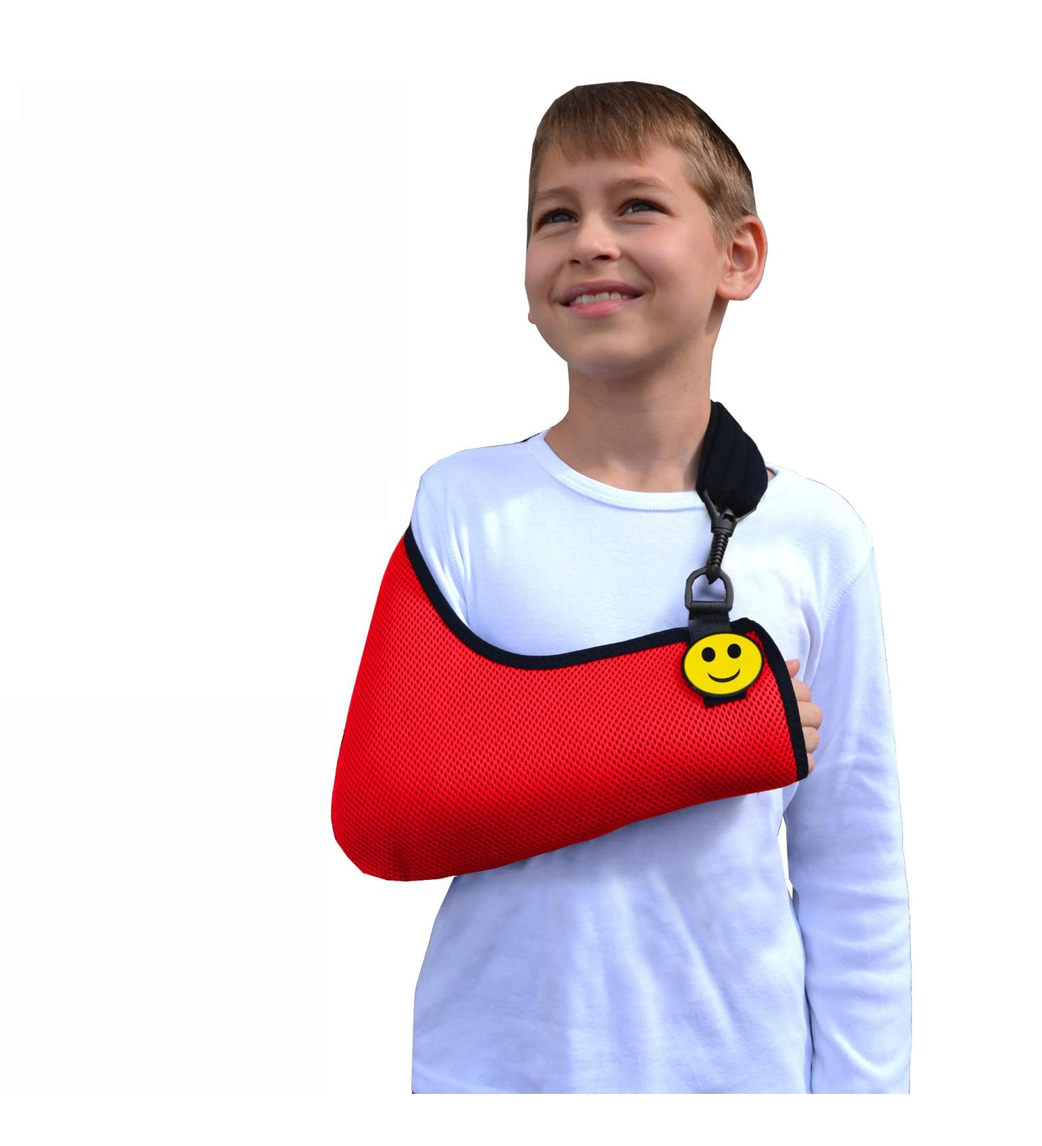 4DflexiSPORT Child Arm Sling (Age 10-11) - Red/Black Trim | Medical Grade, Easy-Fit, Ultra-Comfort | Cooling Technology, Smiley Sticker | Fits R or L Arm - Buy Online on GoSupps.com
