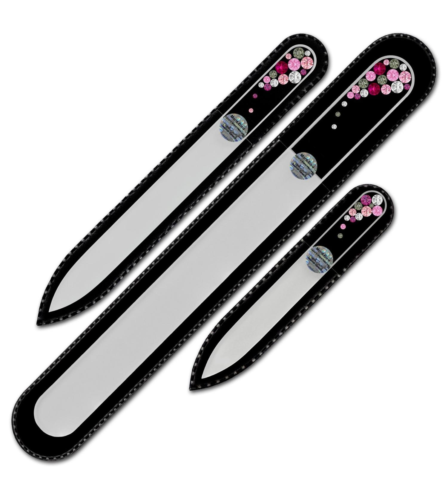 Mont Bleu Set of 3 Crystal Nail Files Hand Decorated with Swarovski Elements in Black Velvet Sleeve - Genuine Czech Tempered Glass - Hand-Made Glass Nail Files Pink - Buy Online on GoSupps.com