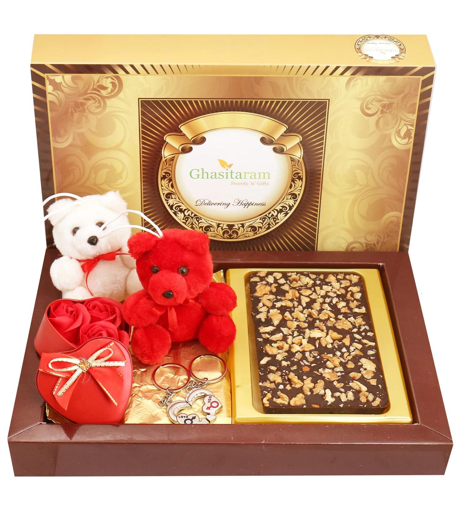 Ghasitaram Gifts Valentines Gift Valentines Day Chocolates for Girlfriend/Boyfriend/Husband and Wife Sugarfree Chocolate Walnut Sugarfree Chocolate Bark Big with Teddies Keychain Set and Small Roses Heart Box #N/A - Buy Online on GoSupps.com