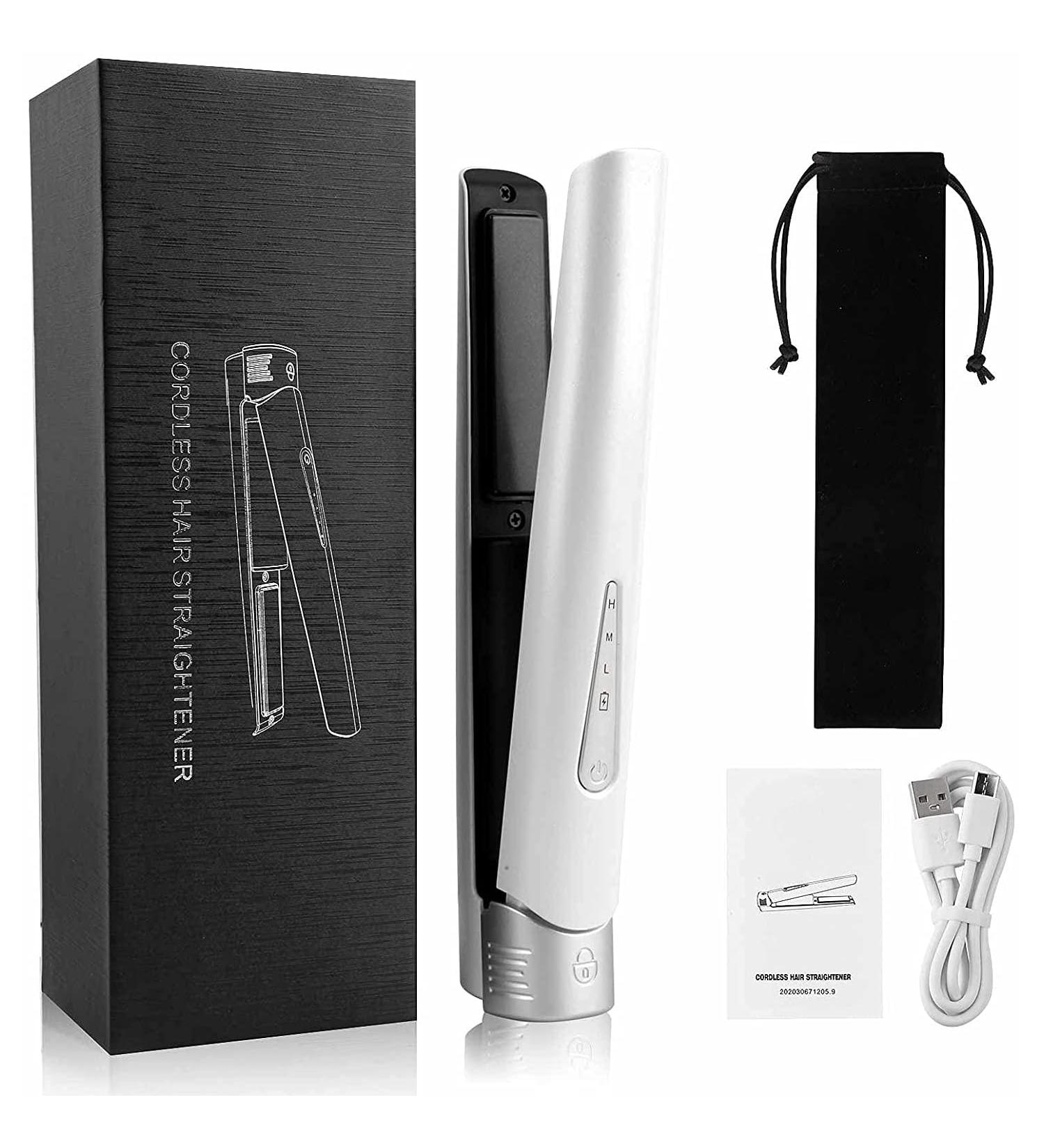 2-in-1 Hair Straightener & Curler - Rechargeable Mini Hair Iron with Titanium Plates 4800mAh Battery Portable Design (White - Buy Online on GoSupps.com