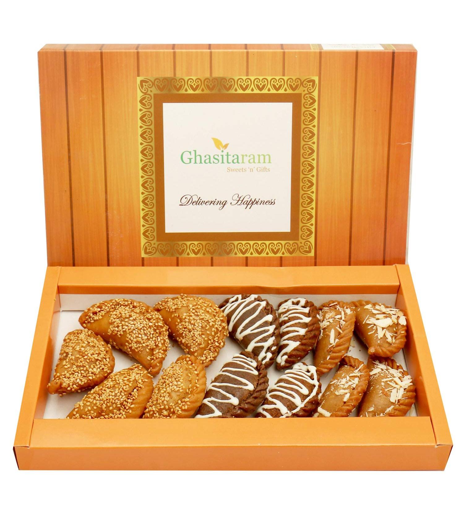 Ghasitaram Gifts Holi Sweets Holi Gifts Holi Hamper Roasted Til/ Sesame Traditional Gujiyas Box and Chocolate Gujiyas Box - Buy Online on GoSupps.com