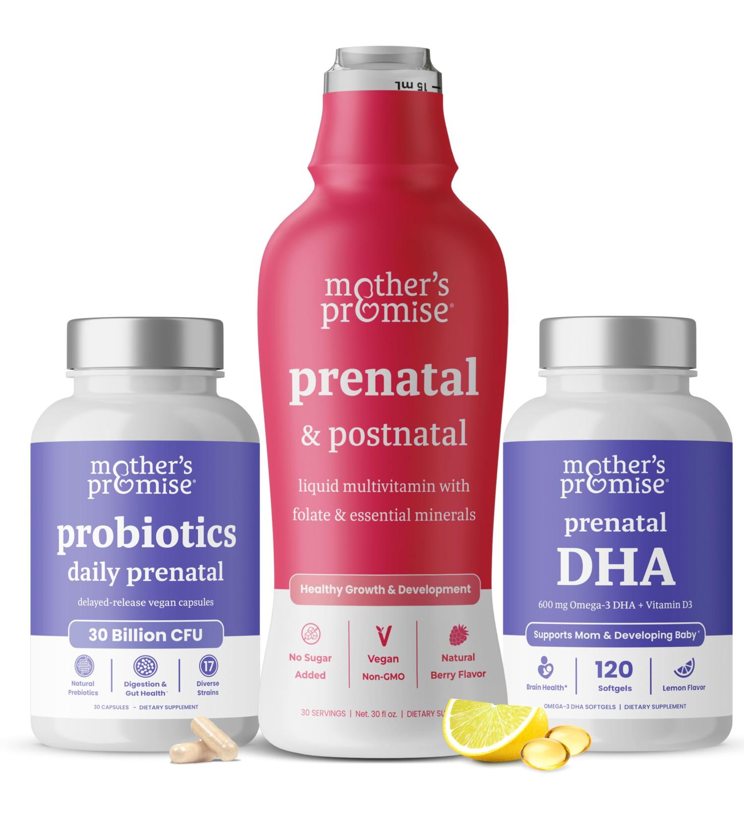 Mother's Promise Prenatal Liquid Multivitamin + Prenatal DHA & Prenatal Probiotics Bundle - Buy Online on GoSupps.com
