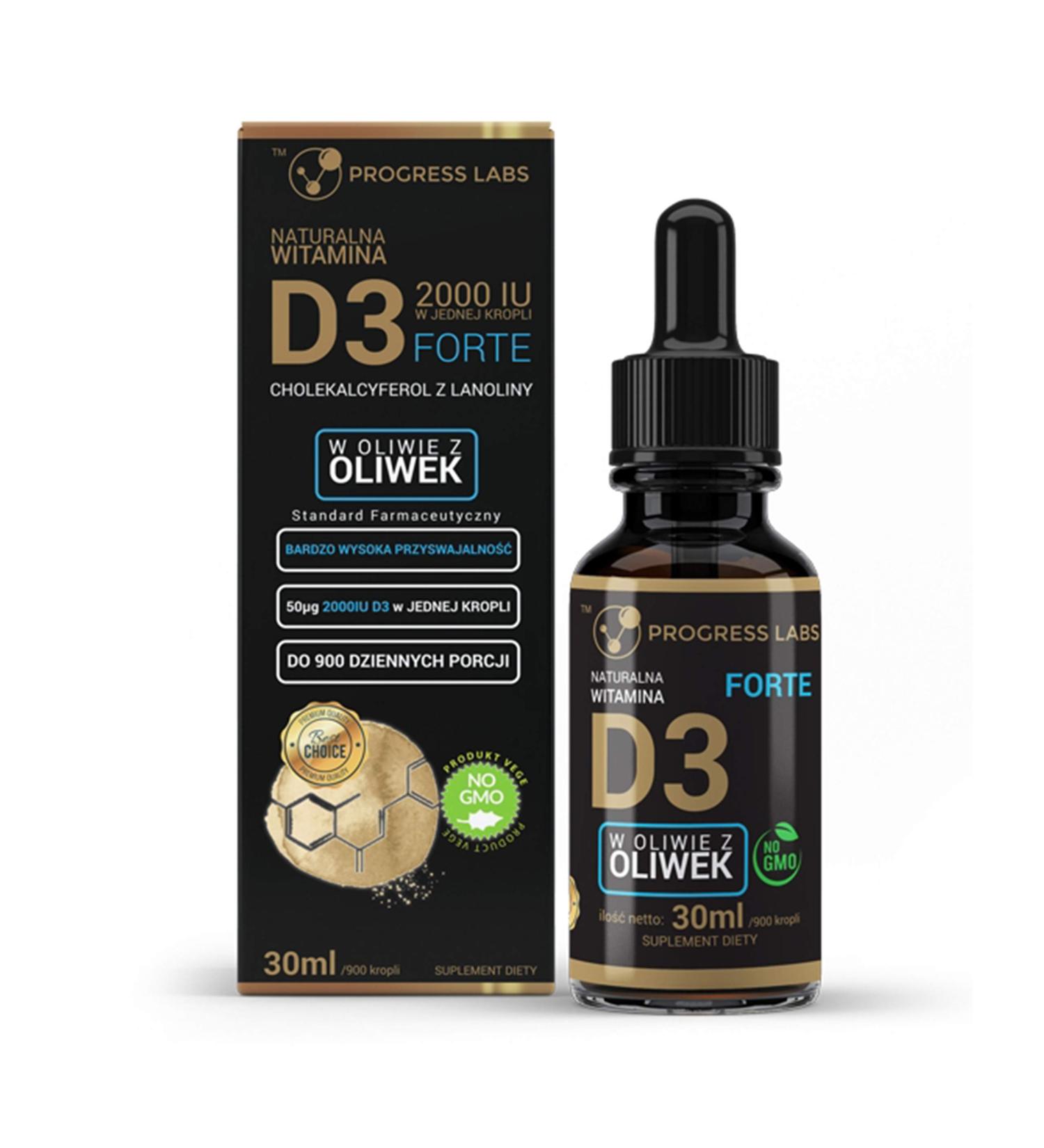 Progress Labs Progress Labs Natural Vitamin D3 Forte 2000 IU Pack of 1 x 30 ml - Liquid Vitamin D Drops - Lanolin Cholecalciferol