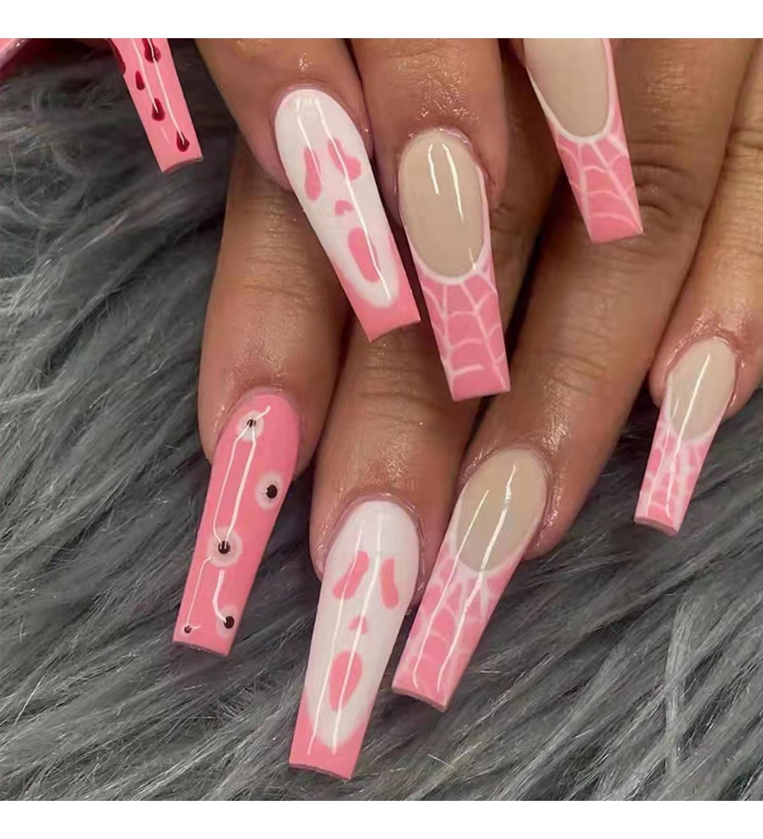 Coffin Halloween False Nails - 24Pcs Pink French Fake Nails with Skull & Eyes Pattern for Women and Girls - Buy Online on GoSupps.com