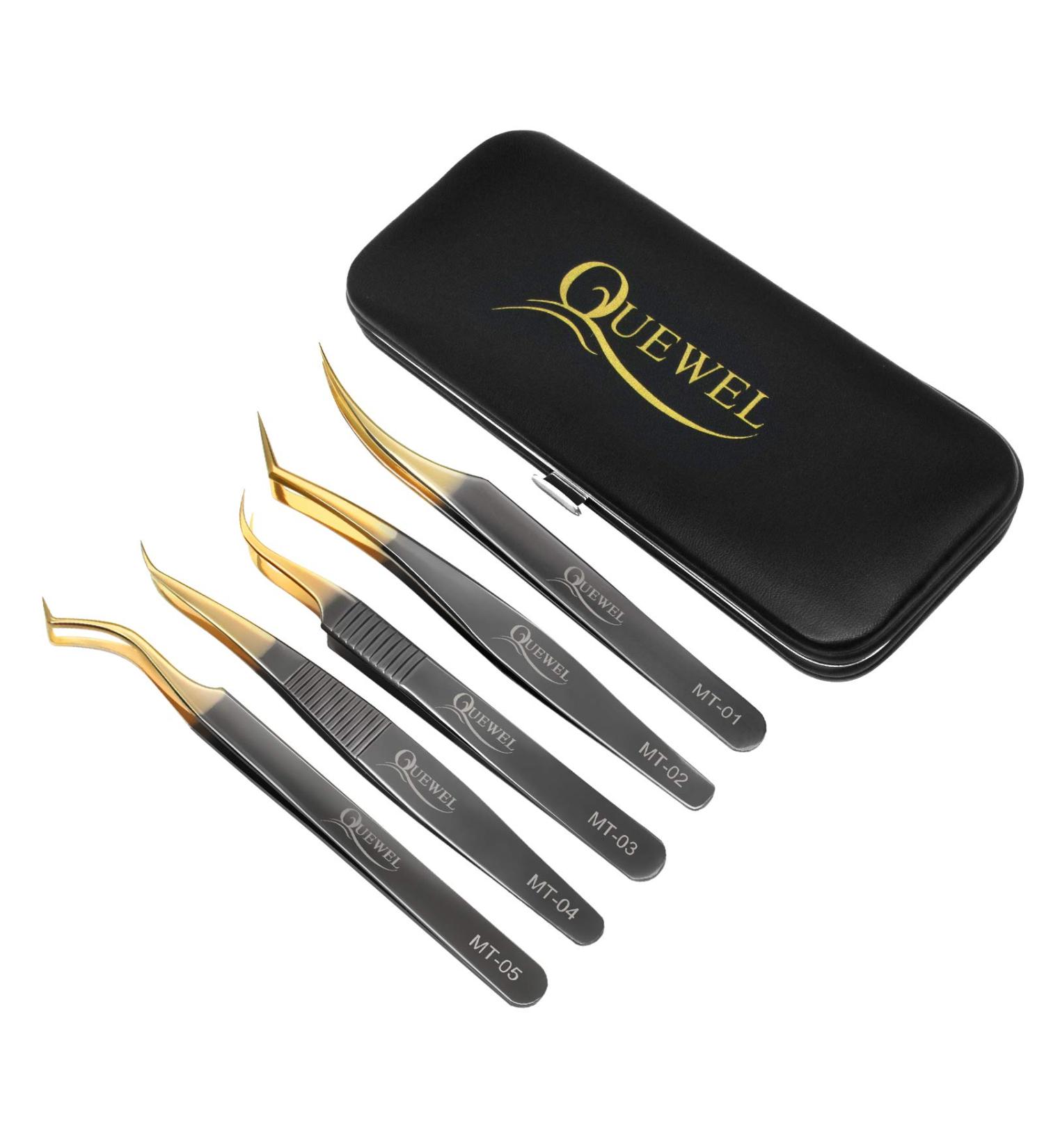 5-Piece Eyelash Extension Tweezers Set for Professional Lashes - Curved Tip Precision Tweezers for Volume Fans, Black Gold - Buy Online on GoSupps.com