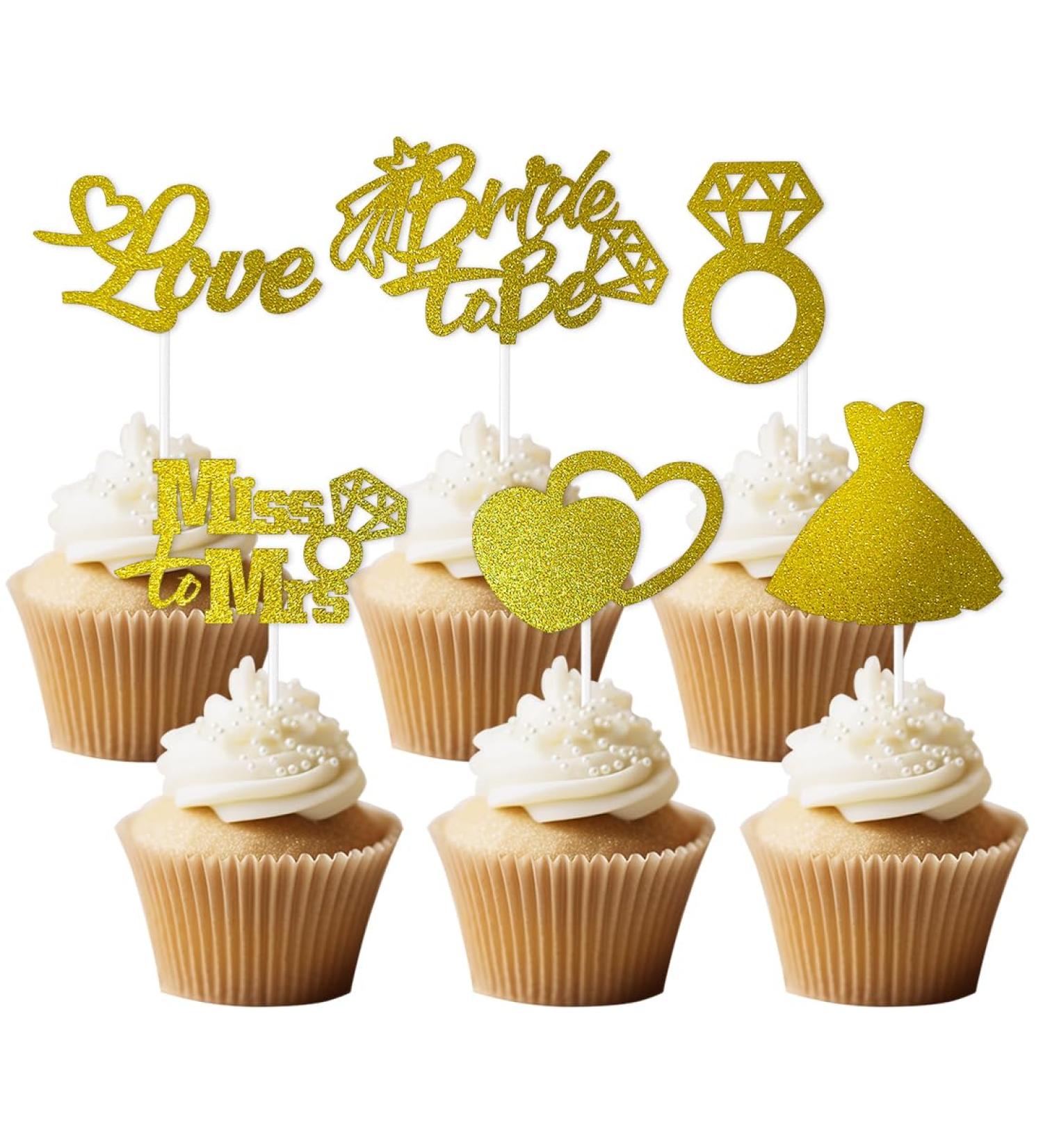 24 Bride to Be Cupcake Toppers - Engagement Wedding and Bachelorette Party Supplies | Love Heart Ring Miss To Mrs Cupcake Picks | Bridal Shower Cake Decorations | Engagement Cake Topper (Gold) A Gold - Buy Online on GoSupps.com