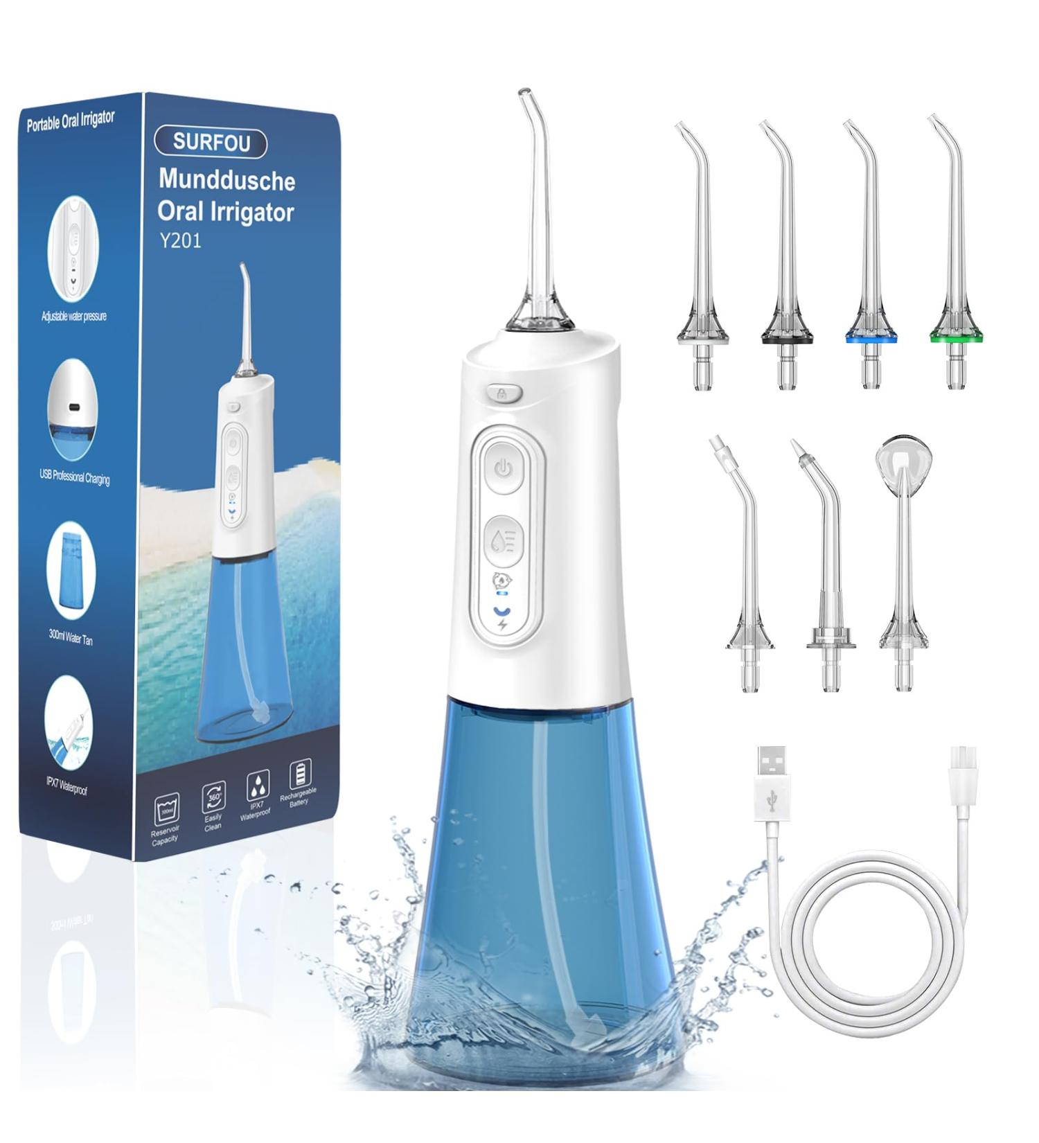 Surfou Wireless Oral Shower - 300ml 6 Water Pressures 7 Nozzles | Travel Water Flosser IPX7 Waterproof USB Rechargeable - Buy Online on GoSupps.com