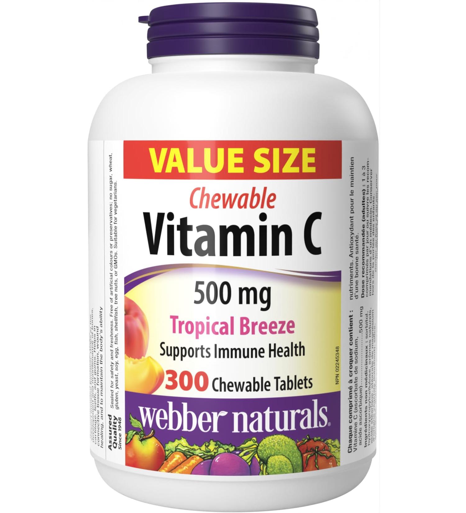 Webber Naturals Vitamin C Chewable 500 mg 300 Tropical Breeze Flavour Tablets For Bones Teeth Immune and Antioxidant Health 300 count (Pack of 1) - Buy Online on GoSupps.com