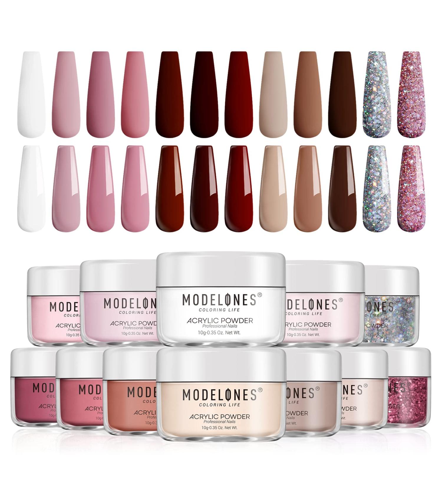 Modelones Acrylic Powder & Glitter Set - 10 Colors Pink Nude Red Brown with Chunky Glitter for 3D Carving Valentines Nail Art - French Nail Extension Kit - Gifts for Women | B1-Daily Collection - Buy Online on GoSupps.com
