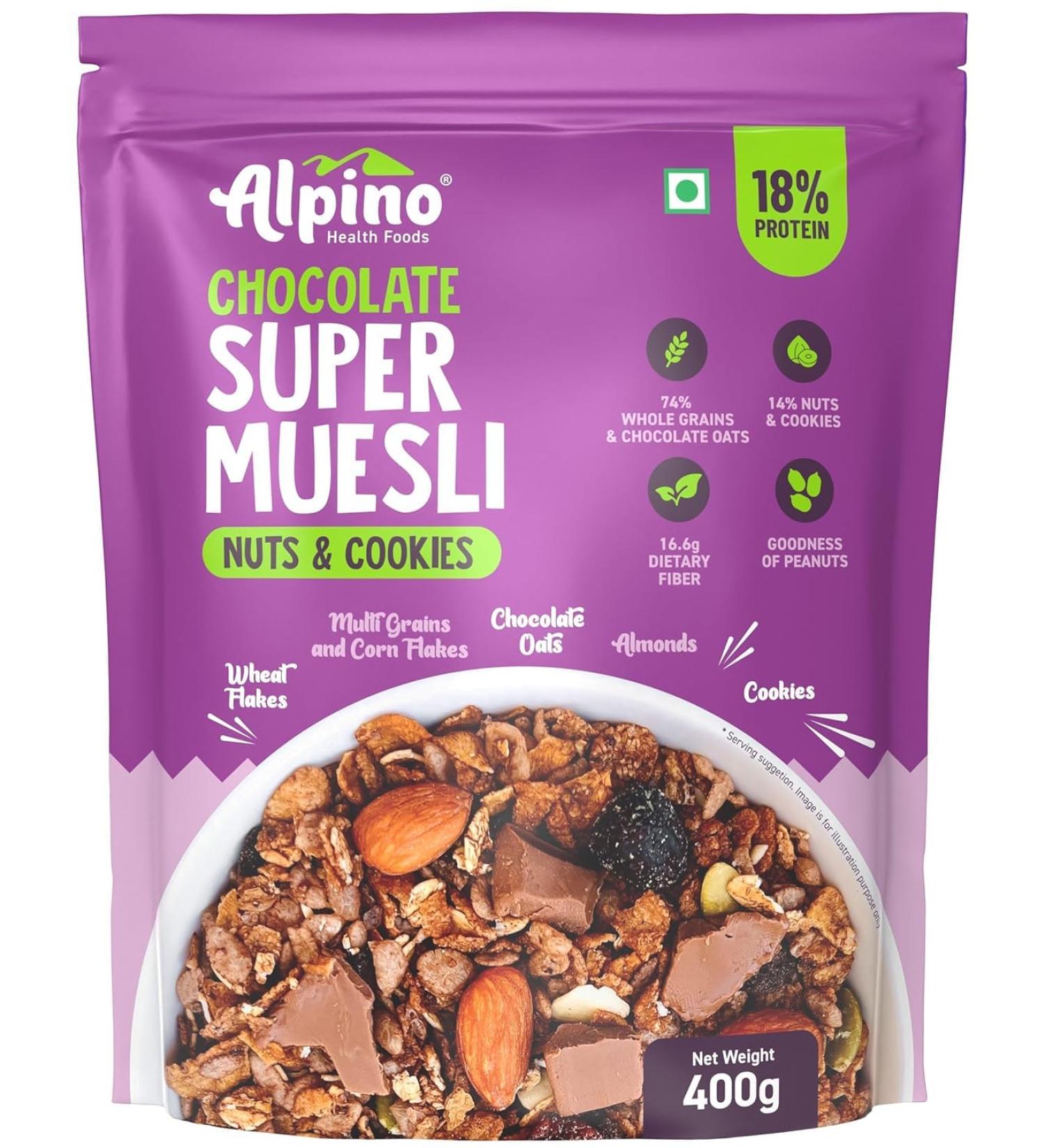 ALPI NO Chocolate Super Muesli Nuts & Cookies - 70% Whole Grains & Chocolate Oats 13% Nuts & Cookies - High in Protein Source of Fibre Breakfast Cereal (400 G) - Buy Online on GoSupps.com
