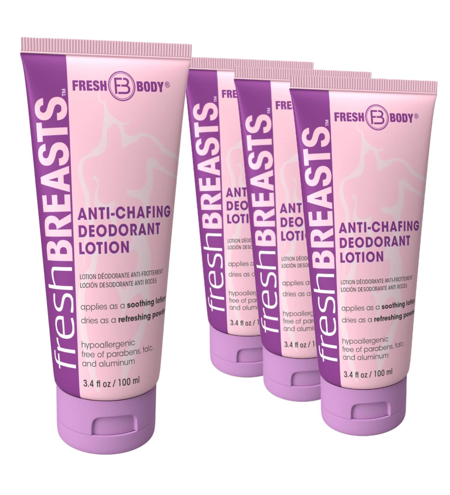 Fresh Body FB Fresh Breasts Anti-Chafing Deodorant Lotion to Powder 3.4 Fl Oz (4 Pack) Anti Chafe Cream Whole Body Deodorant for Women Inner Thighs & Areas that Sweat No Talc Aluminum & Fragrance 3.4 Fl Oz (Pack of 4) - Buy Online on GoSupps.com