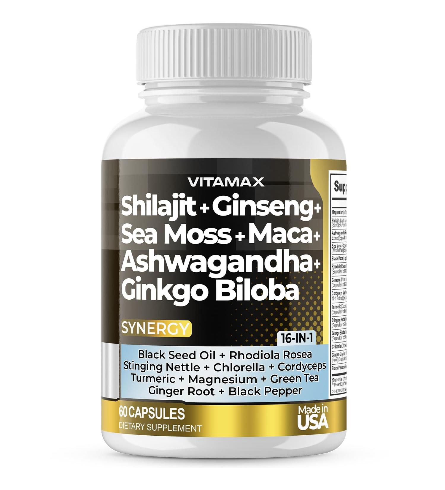 Vitamax Pure Himalayan Shilajit Supplement Ashwagandha Sea Moss Rhodiola Rosea Gingko Biloba - Fulvic Acid & Trace Mineral Capsules for Men and Women Made in USA - Buy Online on GoSupps.com
